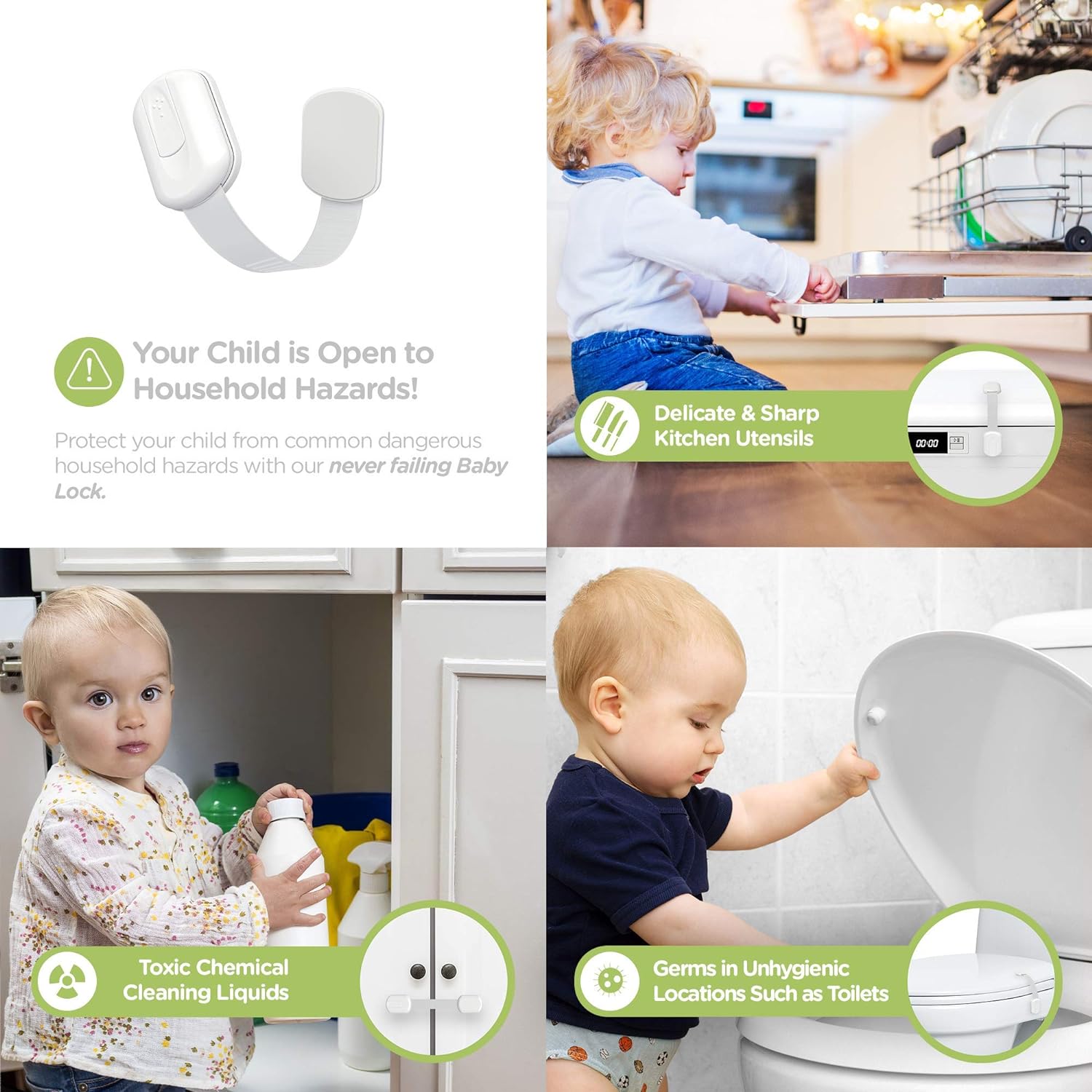 Highlights how the product protects children from common household hazards, reassuring parents about their child's safety. Demonstrates various scenarios where the safety lock can be applied to…
