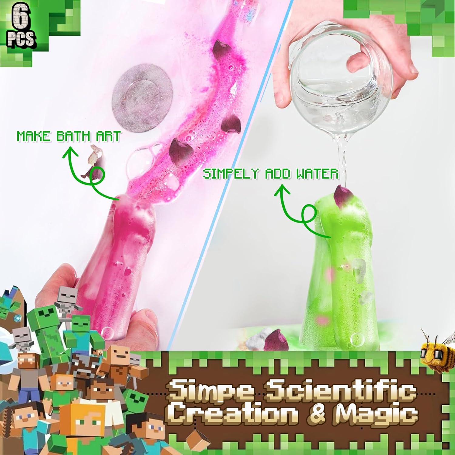 Demonstrates how to use the product to create colorful bath art by simply adding water, appealing to kids' creativity and parents' desire for easy, fun activities.