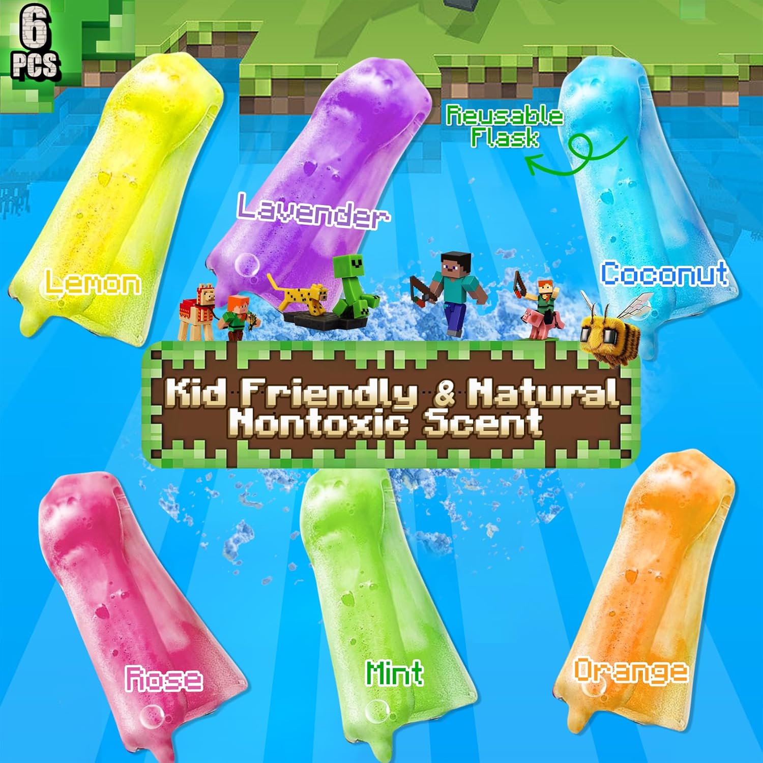 Showcases the variety of natural, non-toxic scents available in the product, appealing to parents looking for safe options for their children. Emphasizes the product's safety for children by…