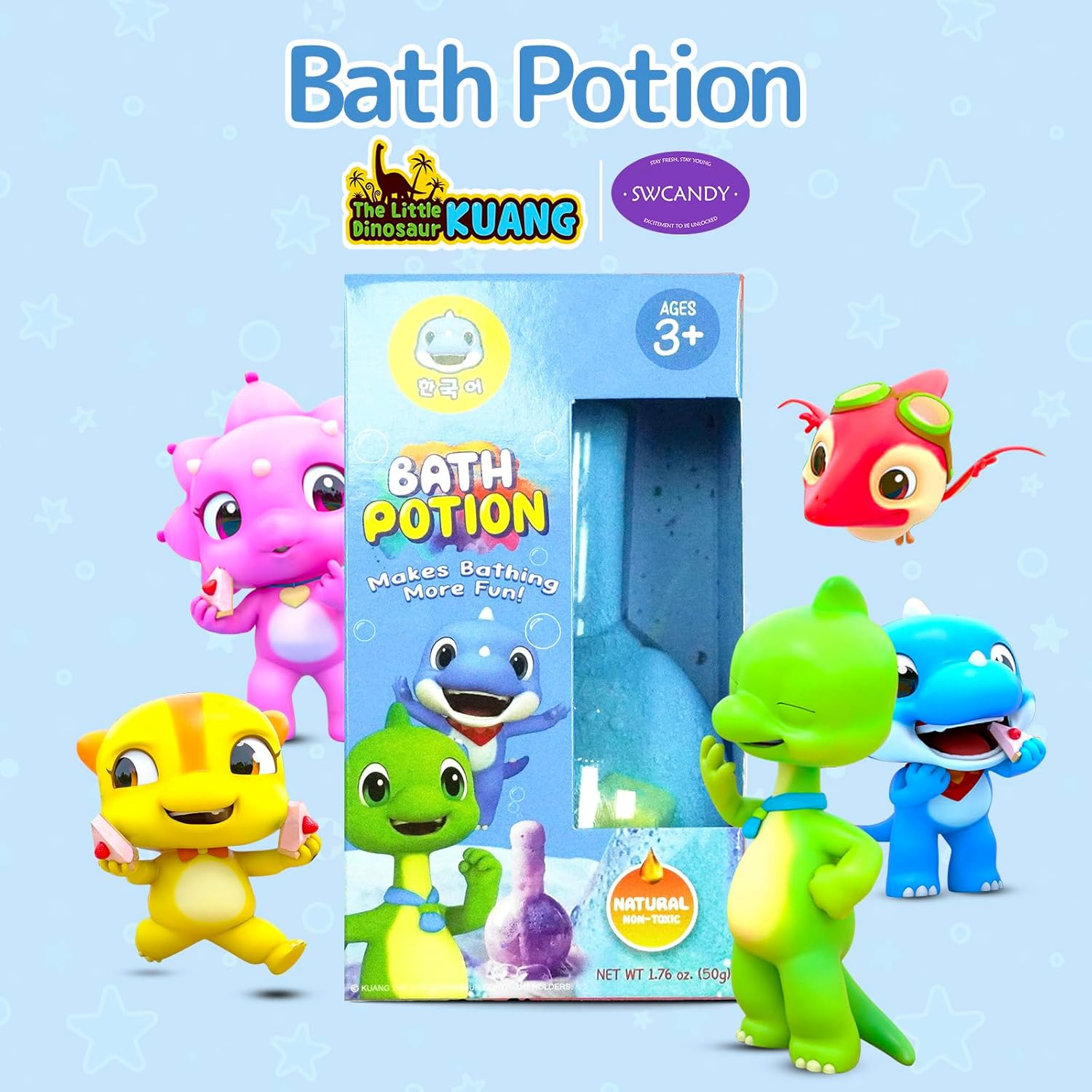 Highlights the product's ability to make bath time more enjoyable for children, featuring cute dinosaur characters to appeal to kids.