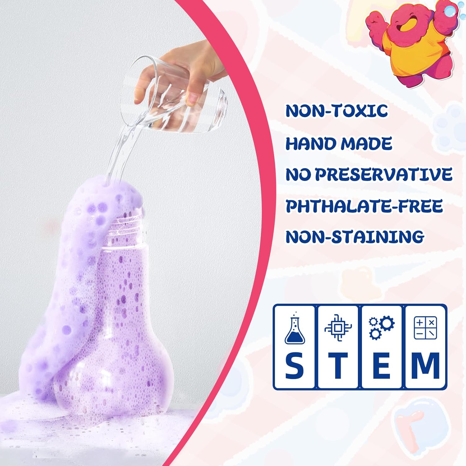 Reassures parents about the safety of the product for children by highlighting its non-toxic and phthalate-free properties. Showcases multiple quality and safety features of the product to appeal to…