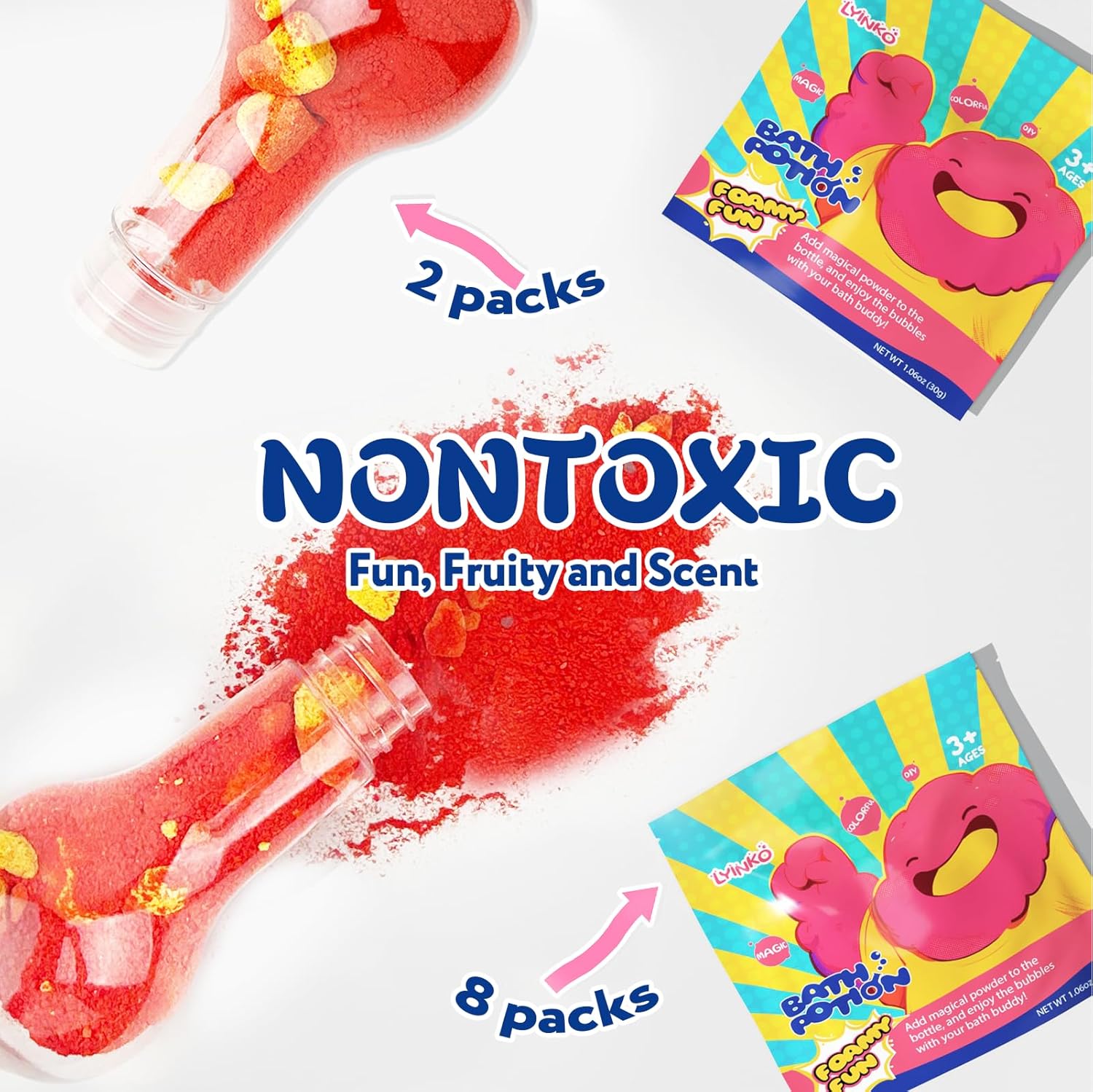 Reassures parents that the product is safe for children to use by emphasizing its nontoxic nature. Shows that the product comes in multiple pack sizes (2 packs and 8 packs) to highlight value and…