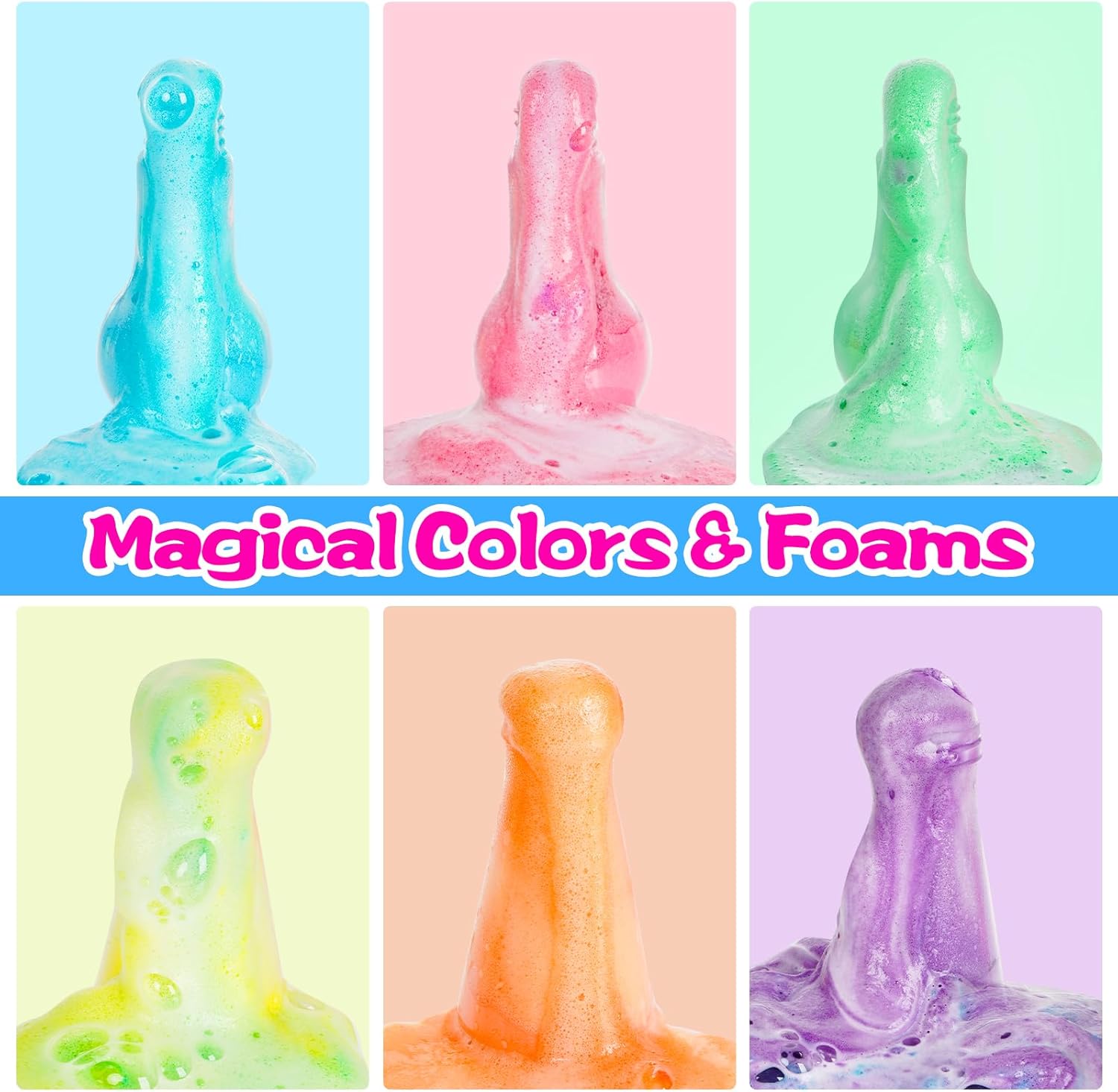 Showcases the product's range of vibrant colors and foamy texture to appeal to children and highlight its fun, sensory play aspects.