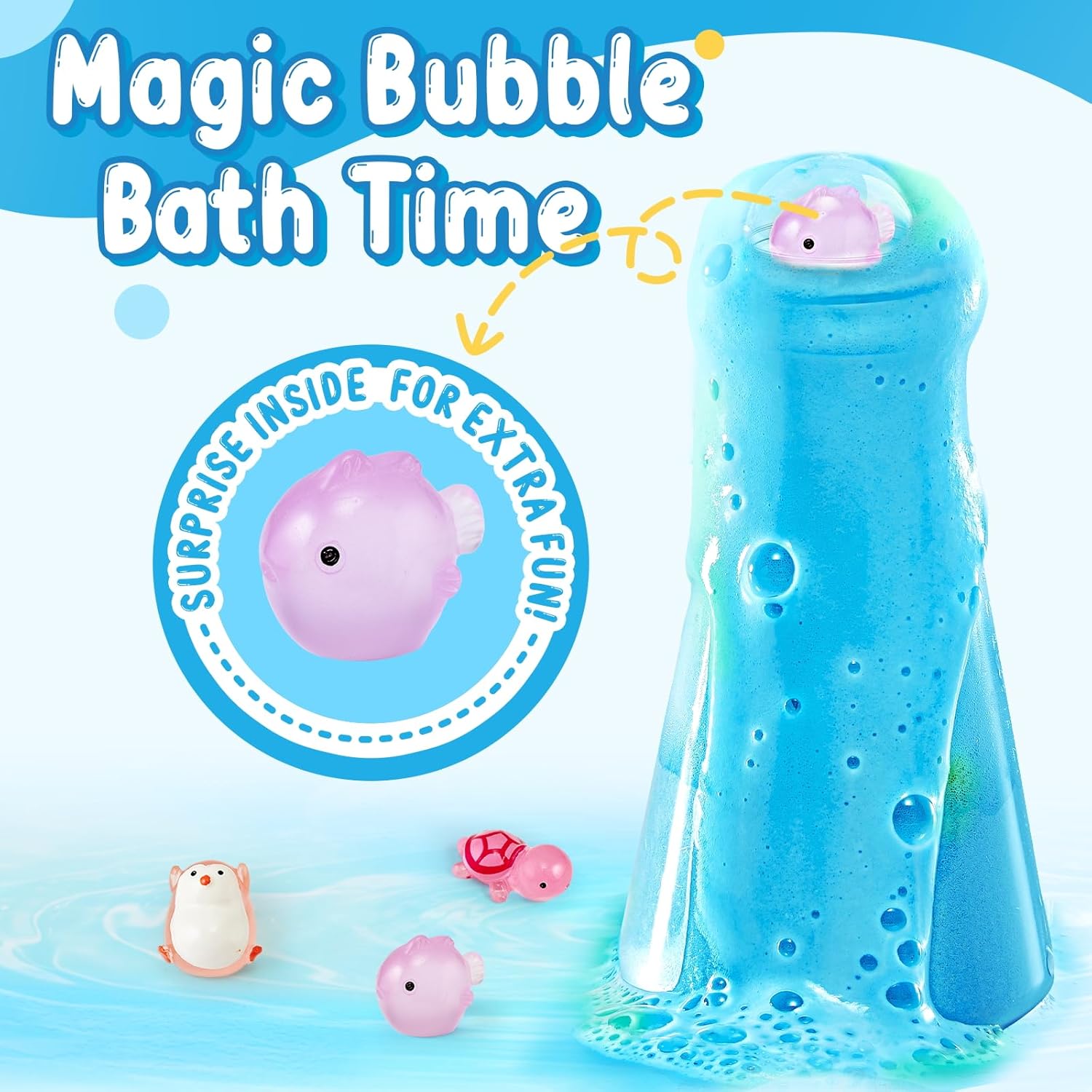 Highlights the product's unique feature of having a surprise toy inside, making bath time more fun and exciting for children.