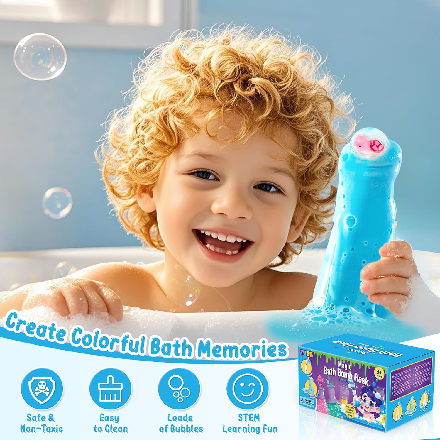 Highlights multiple benefits of the bath toy to appeal to parents: safety, ease of cleaning, fun bubbles, and educational value.