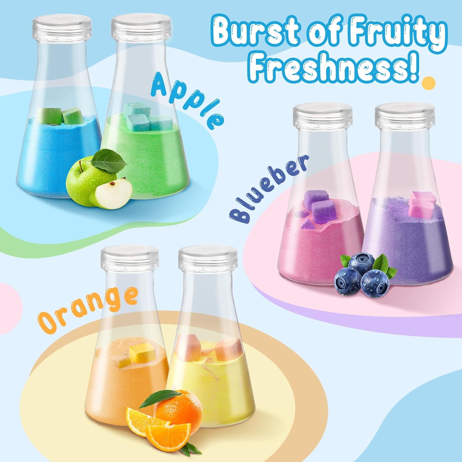 Showcases the different fruit flavors available in the product line, emphasizing the freshness and variety of options.