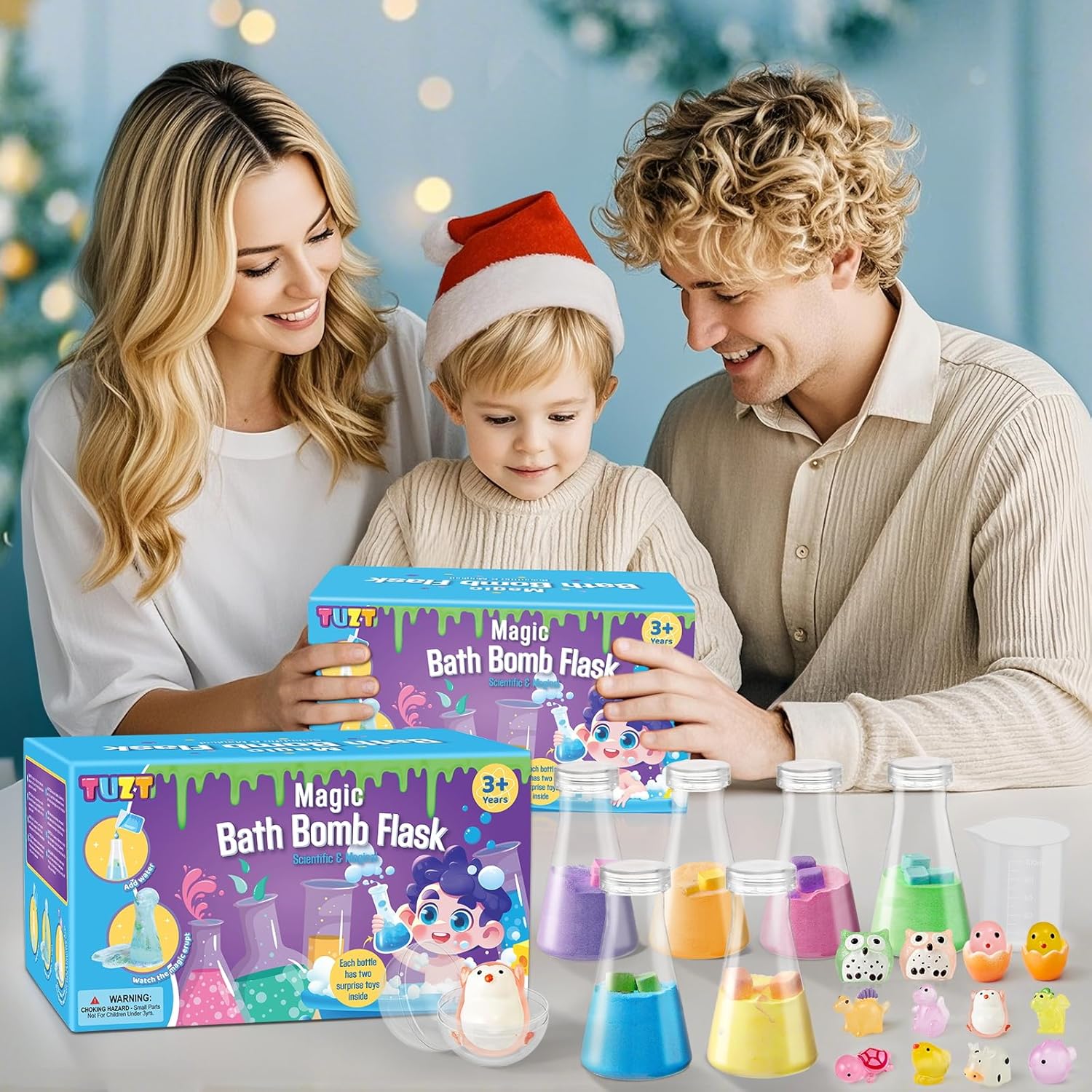 Shows the product as an ideal Christmas gift for children, emphasizing family togetherness and holiday joy. Displays all the components included in the Magic Bath Bomb Flask kit, showcasing the…
