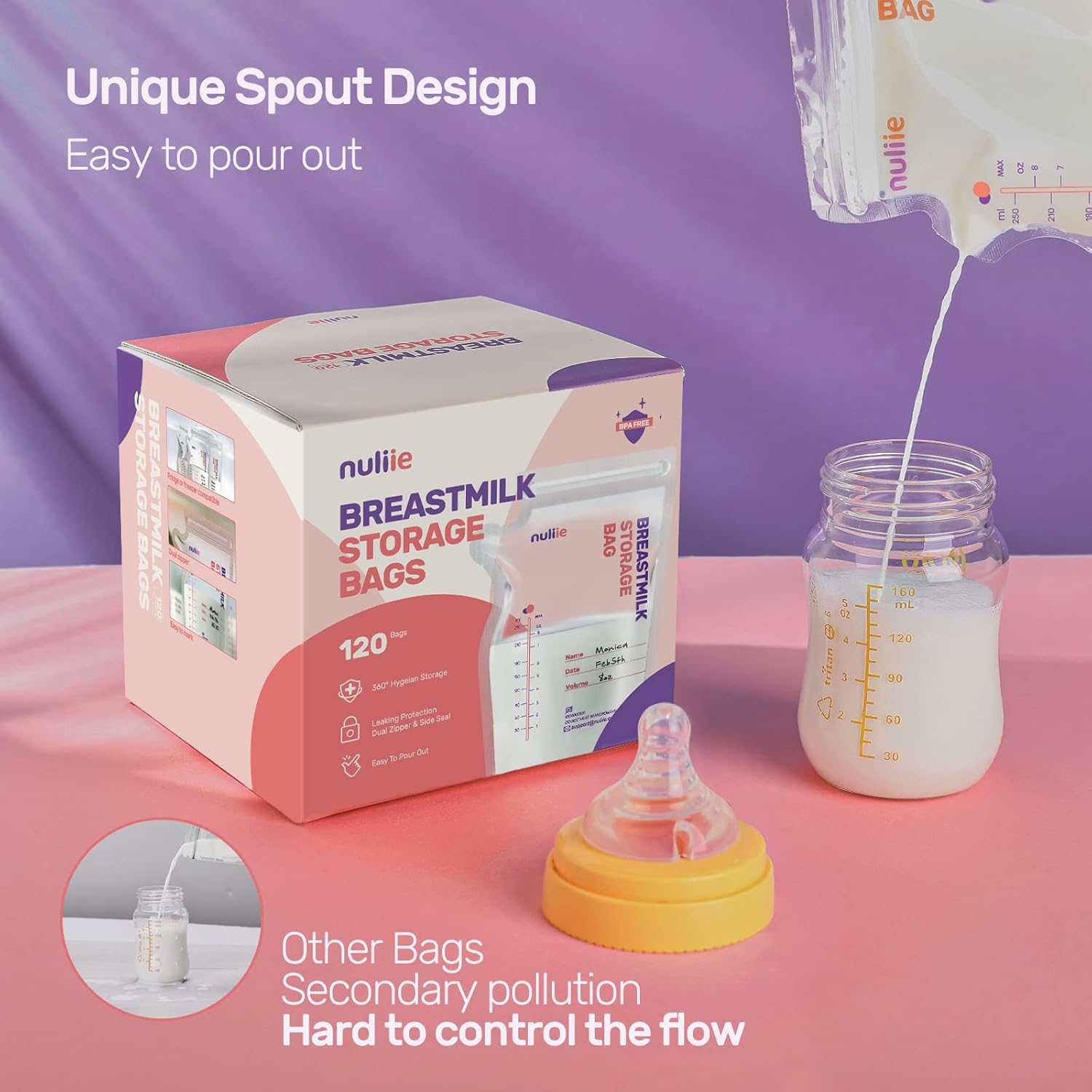 Highlights the easy-pour spout design of the breastmilk storage bags, demonstrating improved functionality over competitors.