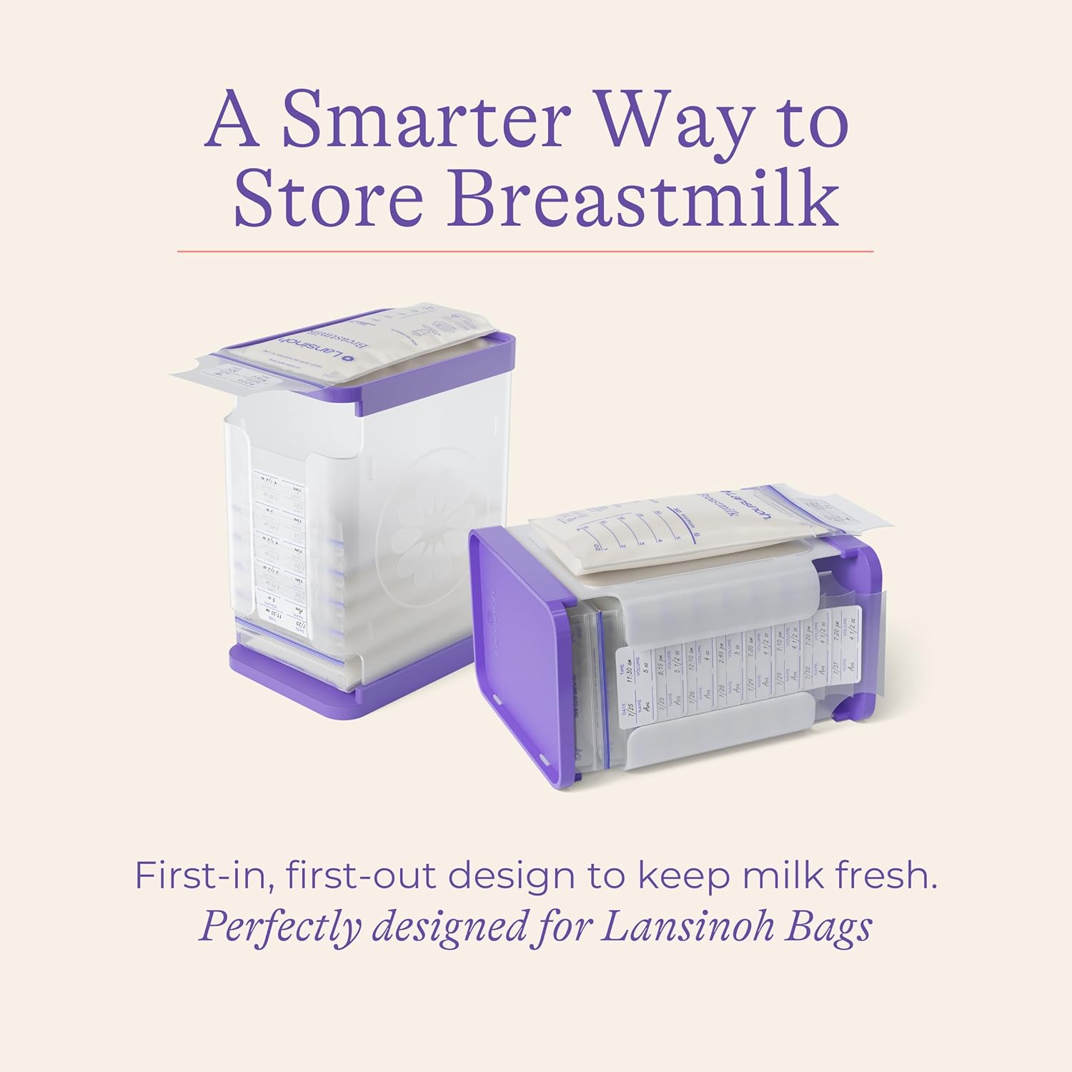 Highlights the product's innovative design for storing breastmilk, emphasizing its ability to keep milk fresh with a first-in, first-out system.