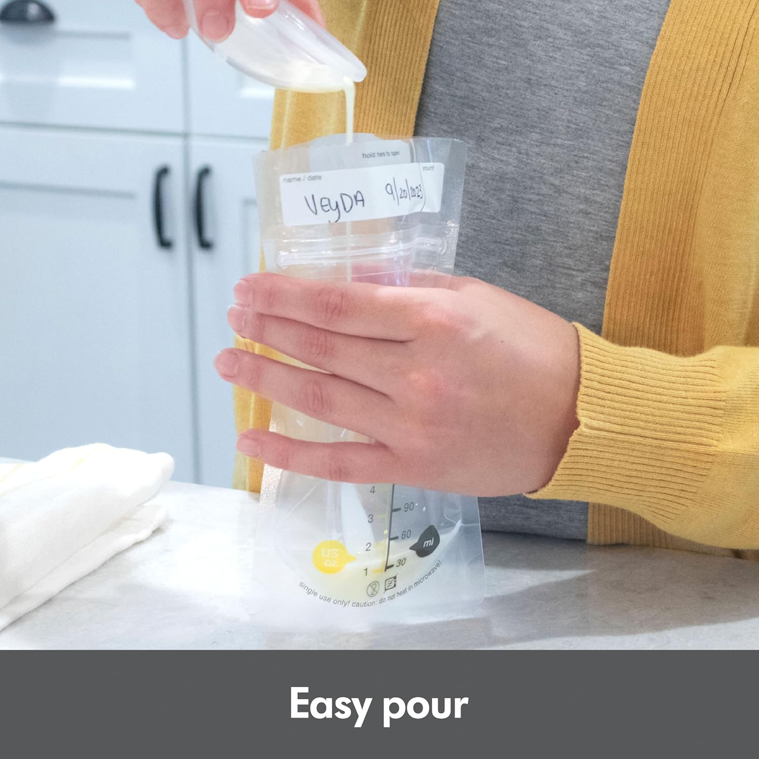 Demonstrates the simple pouring action of the product, highlighting its user-friendly design for easy measurement and dispensing.
