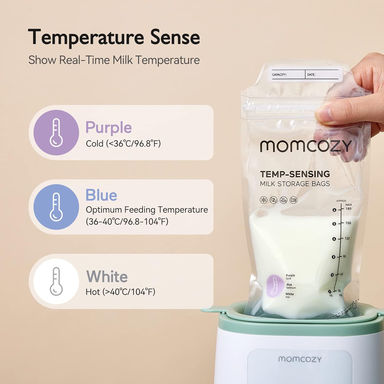 Highlights the temperature sensing feature of the milk storage bags, showing how it indicates different temperature ranges for optimal feeding.