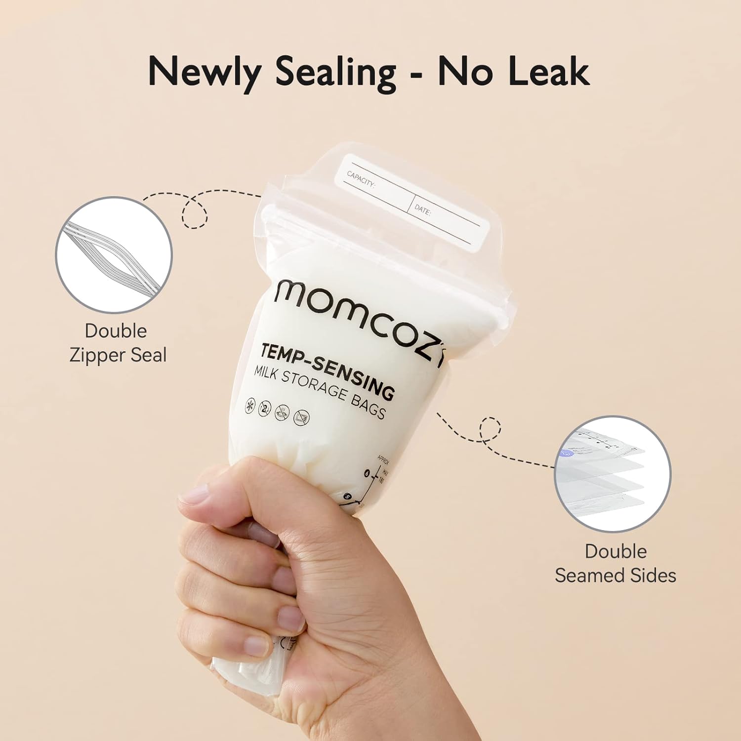 Highlights the product's leak-proof design to reassure customers about the bag's effectiveness in storing milk without spills.