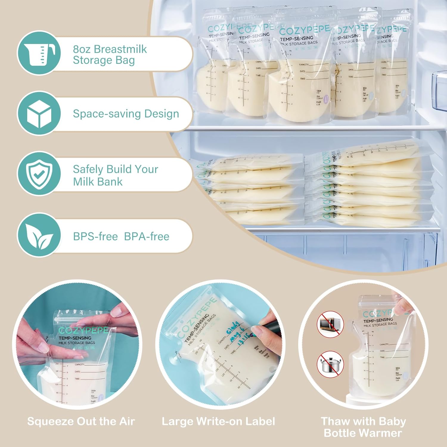 Highlights multiple benefits of the breastmilk storage bags, including their capacity, space-efficiency, safety, and user-friendly features to appeal to nursing mothers.
