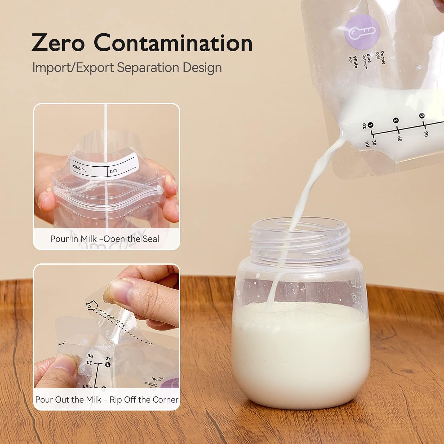 Demonstrates the product's unique design that prevents contamination when importing and exporting milk, reassuring users of its hygienic features.