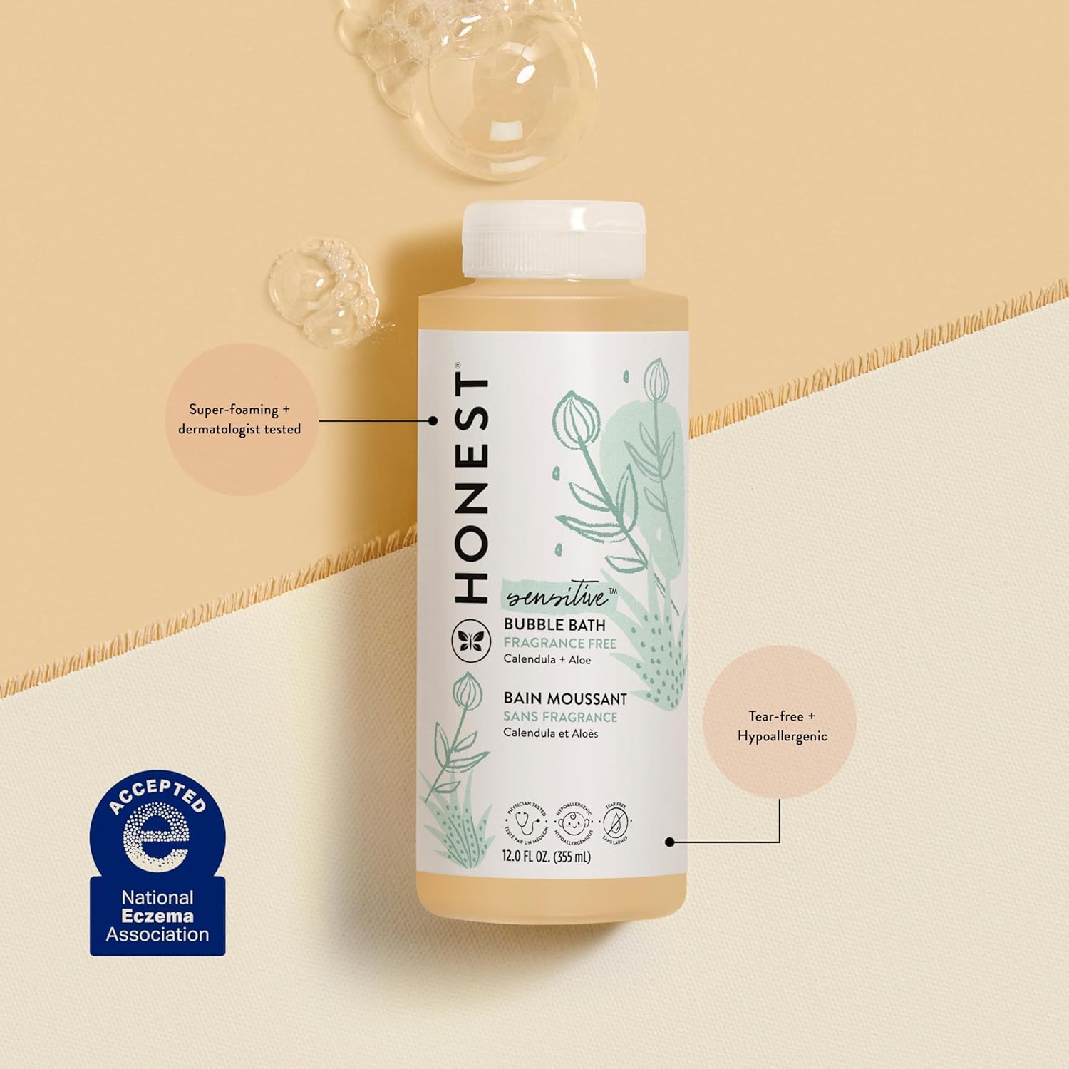 Highlights multiple benefits of the bubble bath product for sensitive skin, emphasizing its gentle and safe nature. Reassures customers about the product's safety and suitability for sensitive skin…