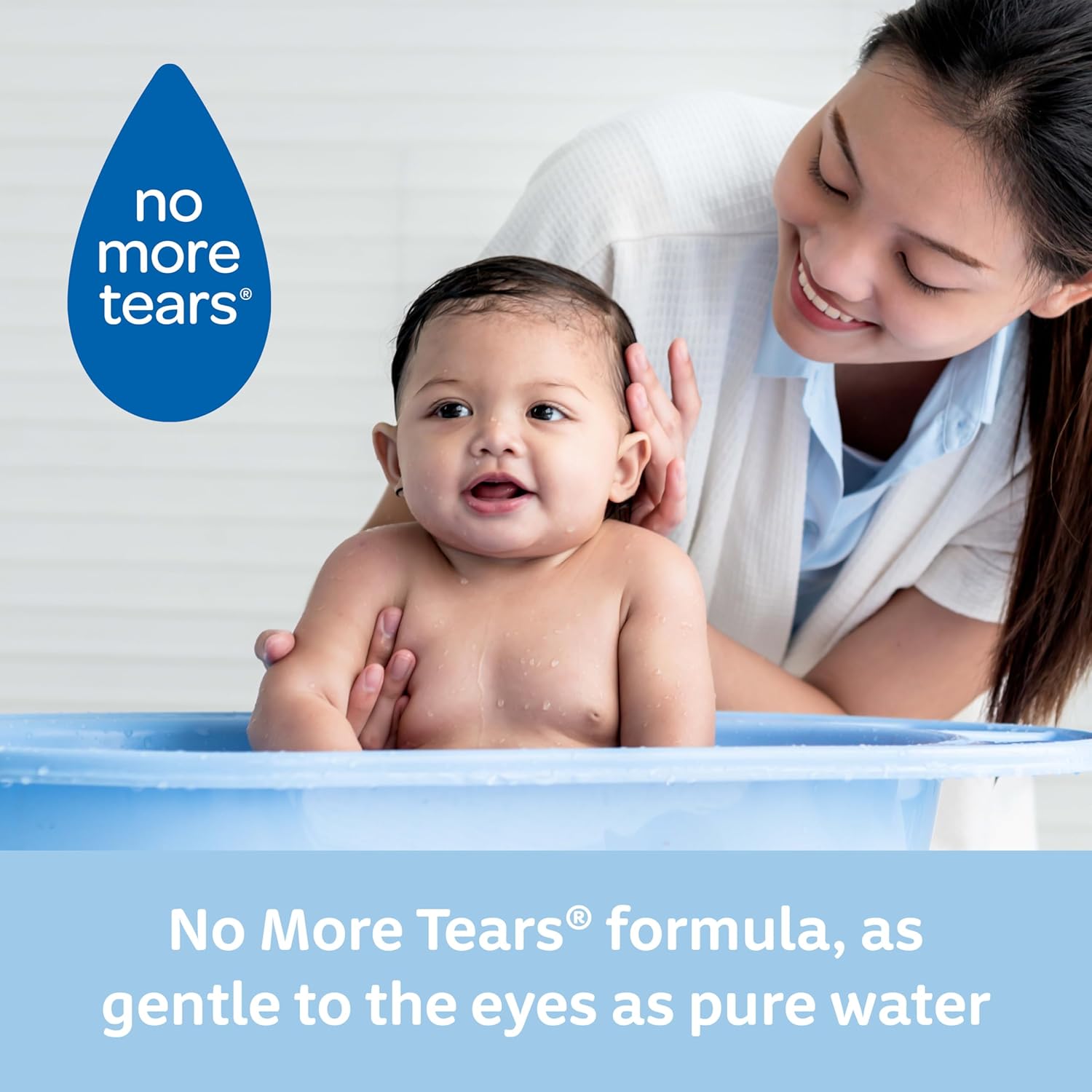 Emphasizes that the No More Tears formula is as gentle on a baby's eyes as pure water, reassuring parents of its safety during bath time.