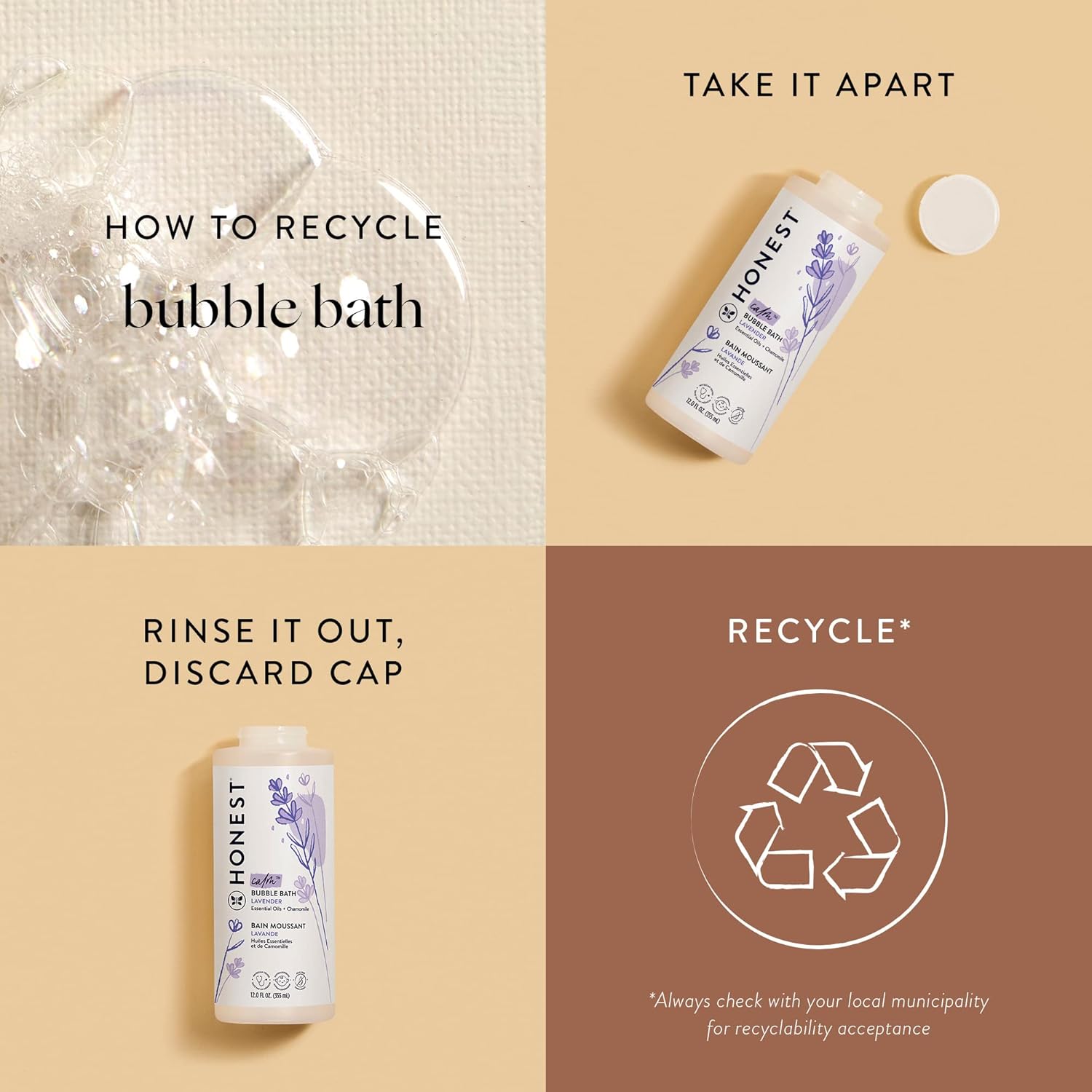 Guides customers on how to properly recycle the bubble bath product packaging, promoting environmental responsibility.