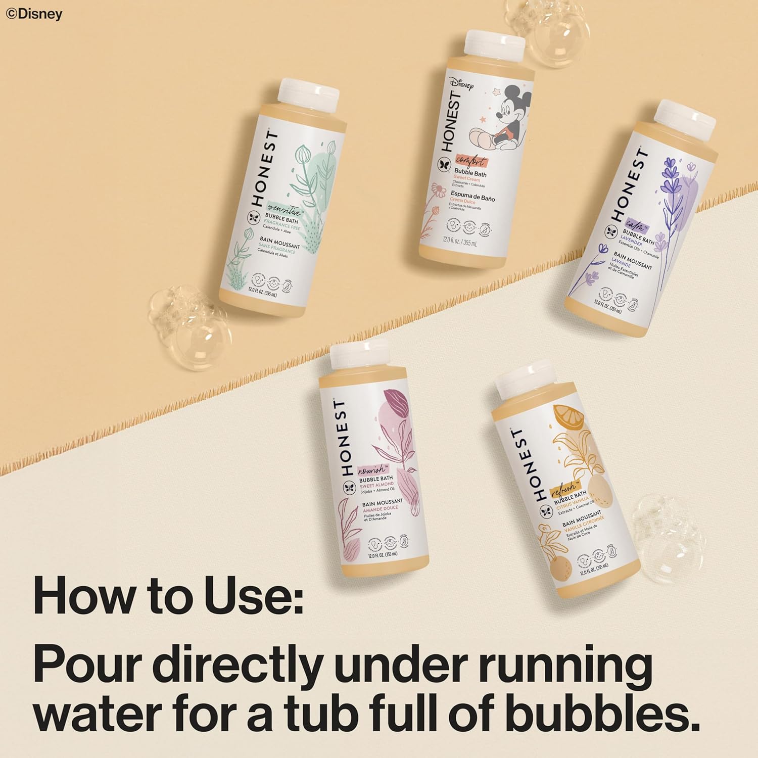 Instructs customers on the proper way to use the bubble bath product to achieve the desired result. Showcases the range of bubble bath scents/varieties available in the product line.