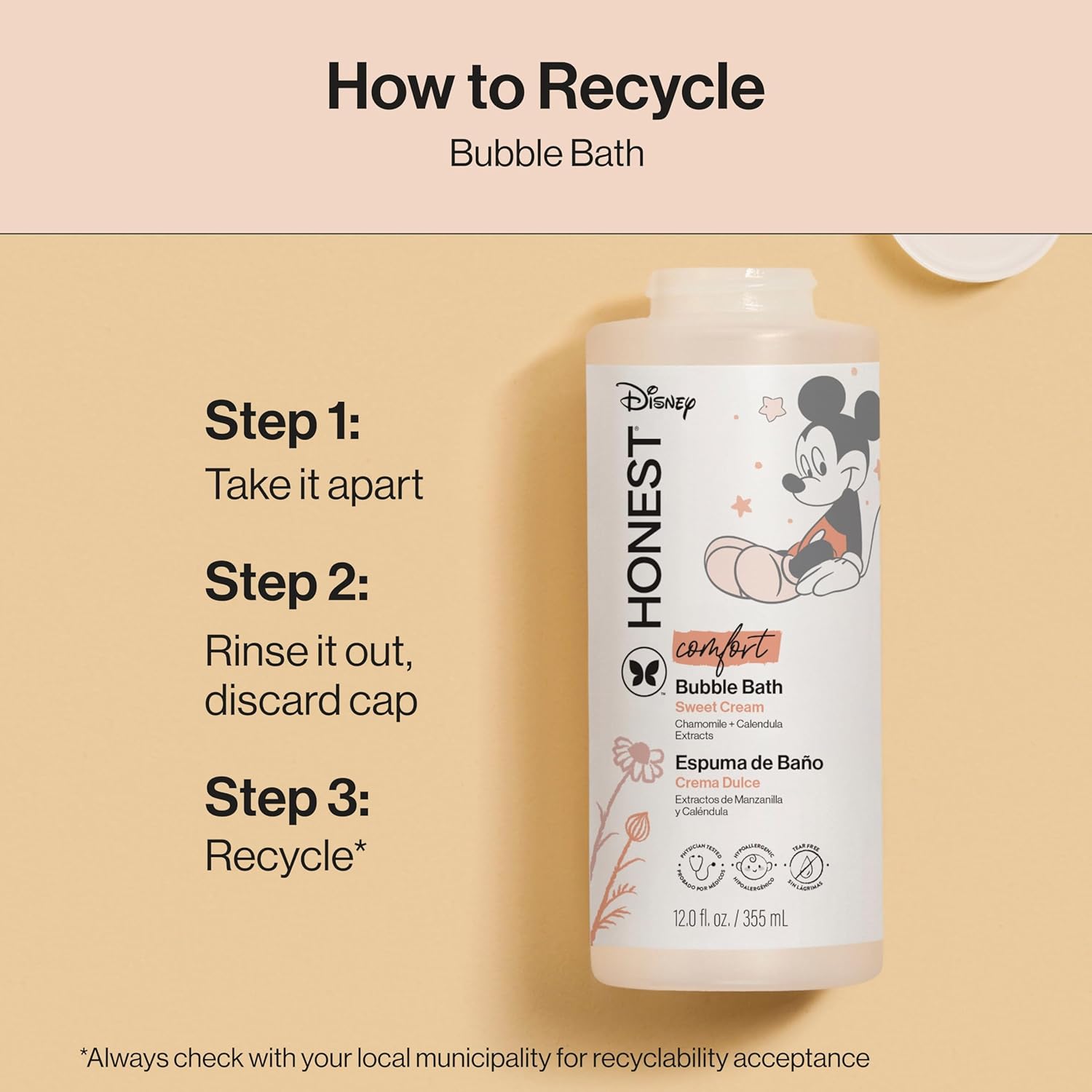 Educates customers on how to properly recycle the bubble bath bottle, promoting environmental responsibility.