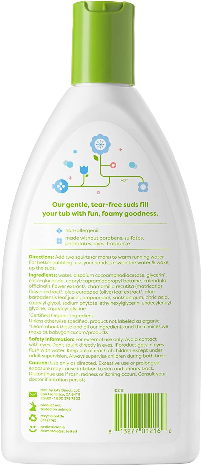 Highlights the product's gentle and tear-free formula to reassure parents about its safety and suitability for children's bath time. Emphasizes the product's safety by listing ingredients it doesn't…