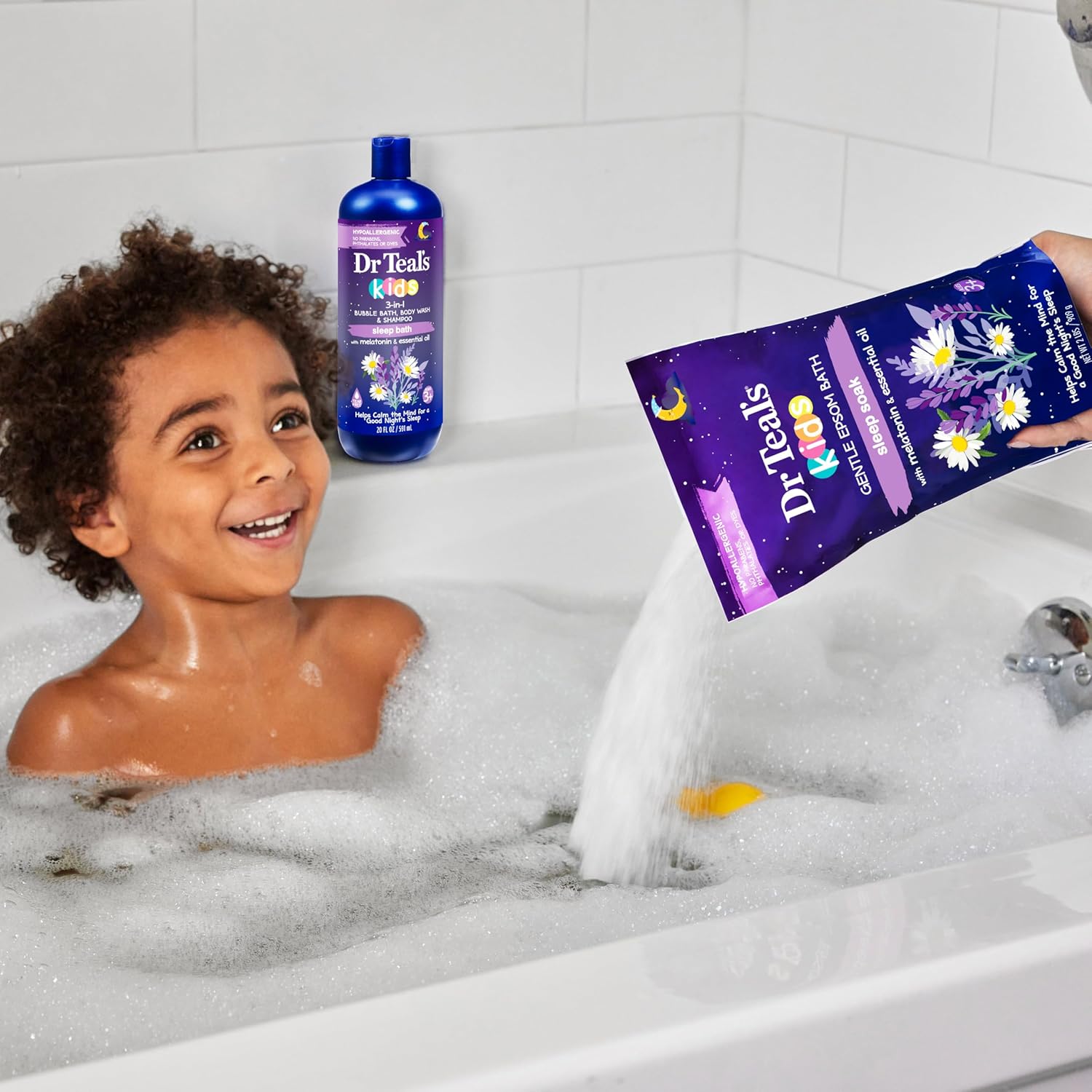 Shows the product being used in a real bath setting, demonstrating its effectiveness and appeal to children. Highlights the versatility of the product as a bubble bath, body wash, and shampoo for…