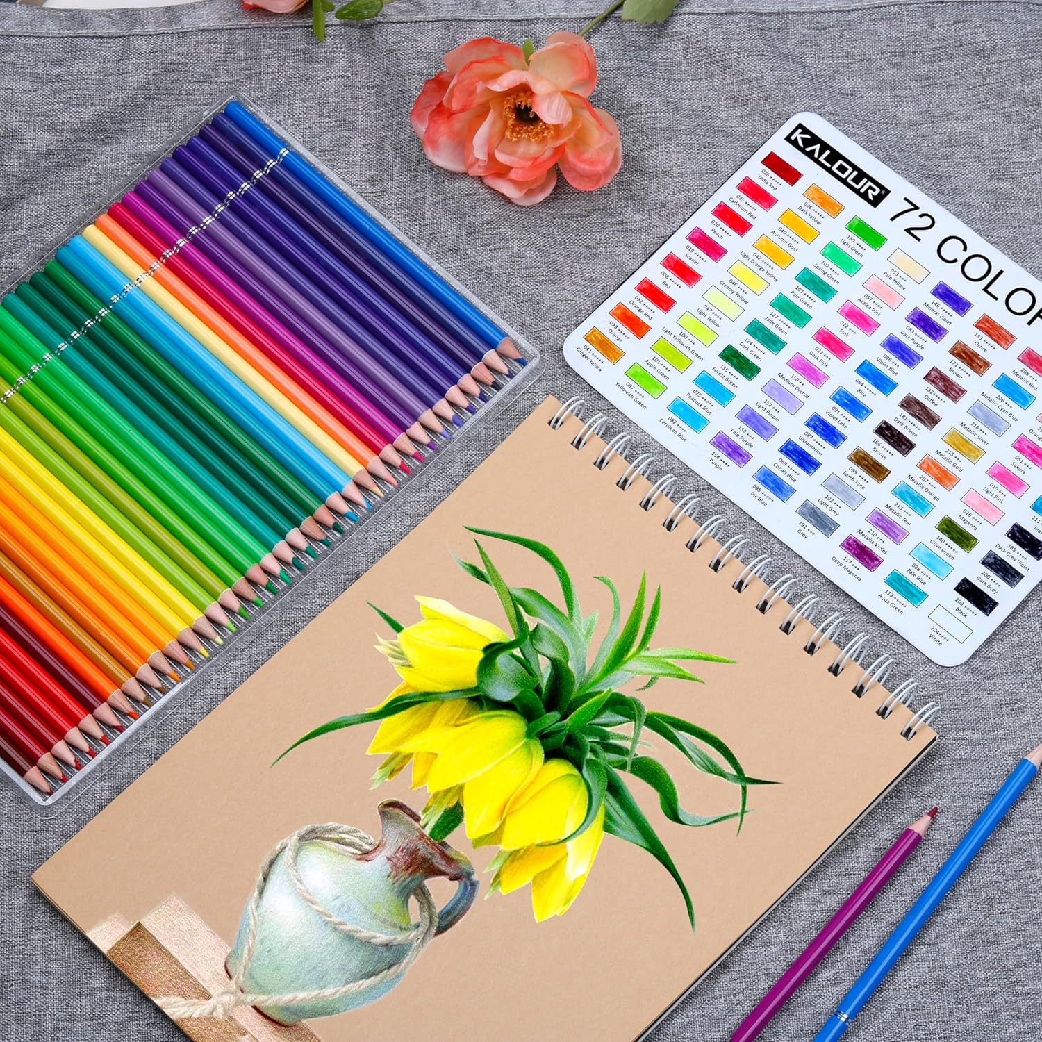 Shows the complete set of art supplies included in the product, highlighting the variety of colors and complementary items for drawing and coloring.