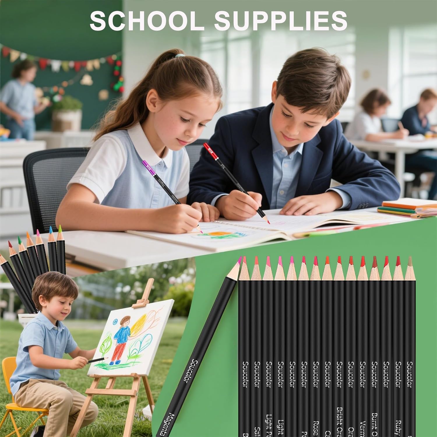 Demonstrates various ways students can use the colored pencils for schoolwork and creative activities.