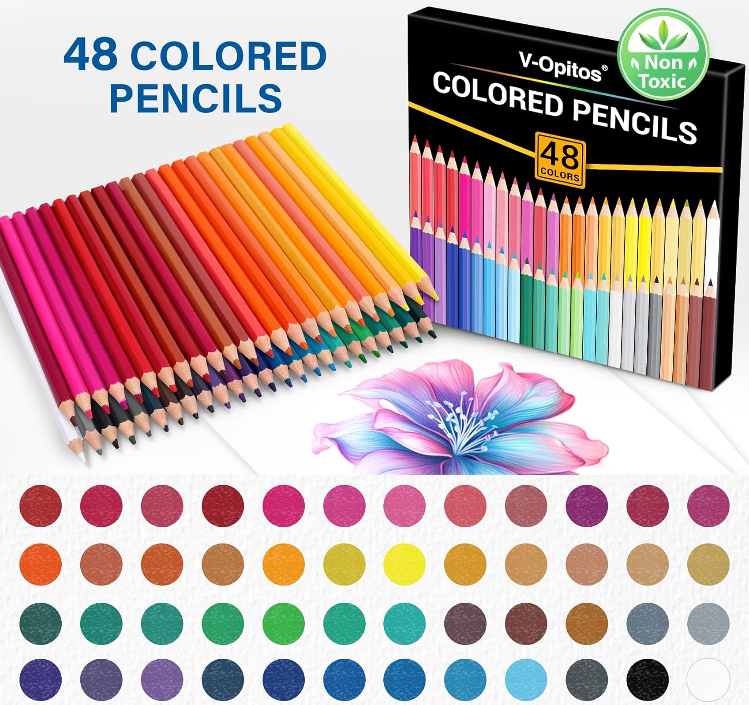 Shows the full set of 48 colored pencils included in the package, demonstrating the wide range of colors available to the customer. Highlights that the colored pencils are non-toxic, reassuring…