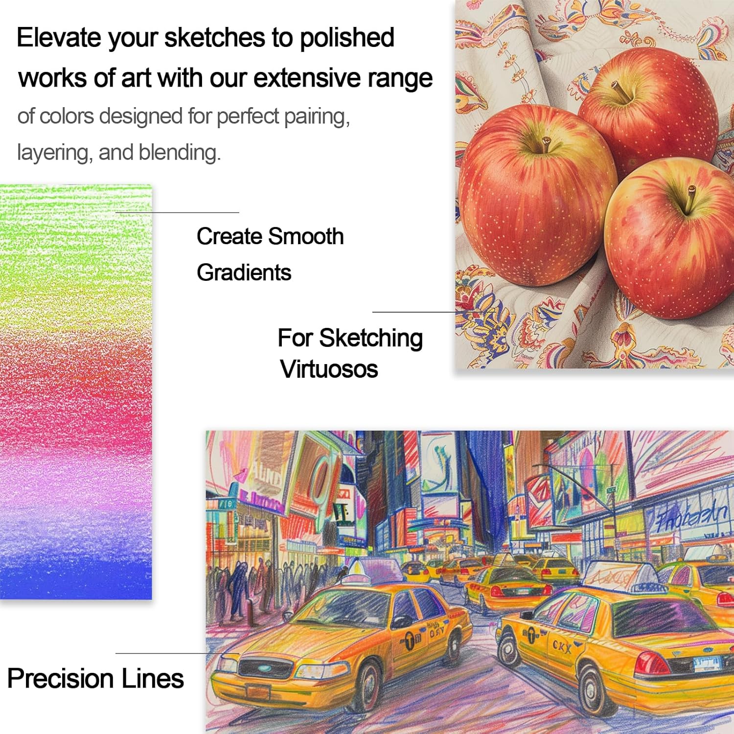 Showcases multiple features of the product, emphasizing its ability to create smooth gradients, precision lines, and blend colors for various artistic styles.