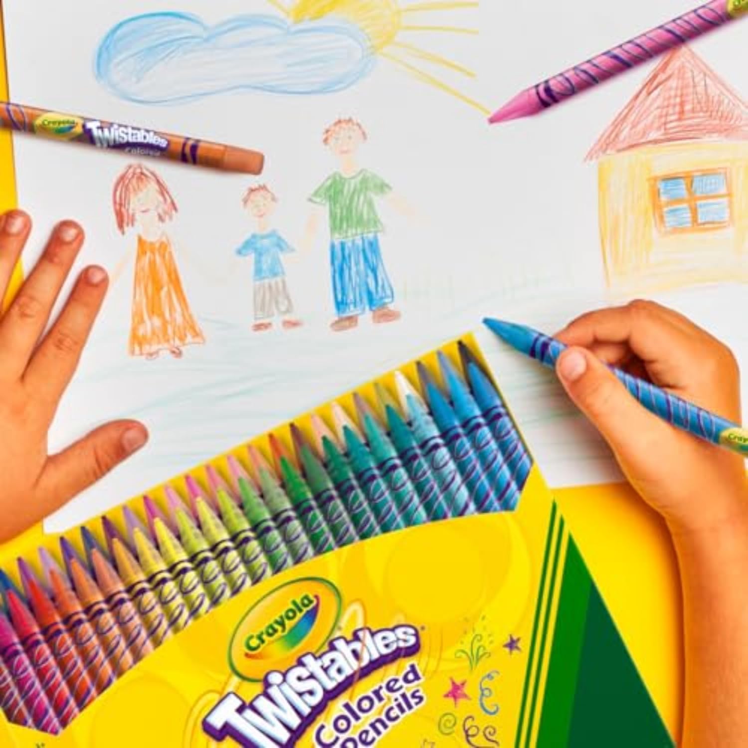 Demonstrates how Crayola Twistables can be used for creative family drawing activities, encouraging parents to purchase for shared family time.