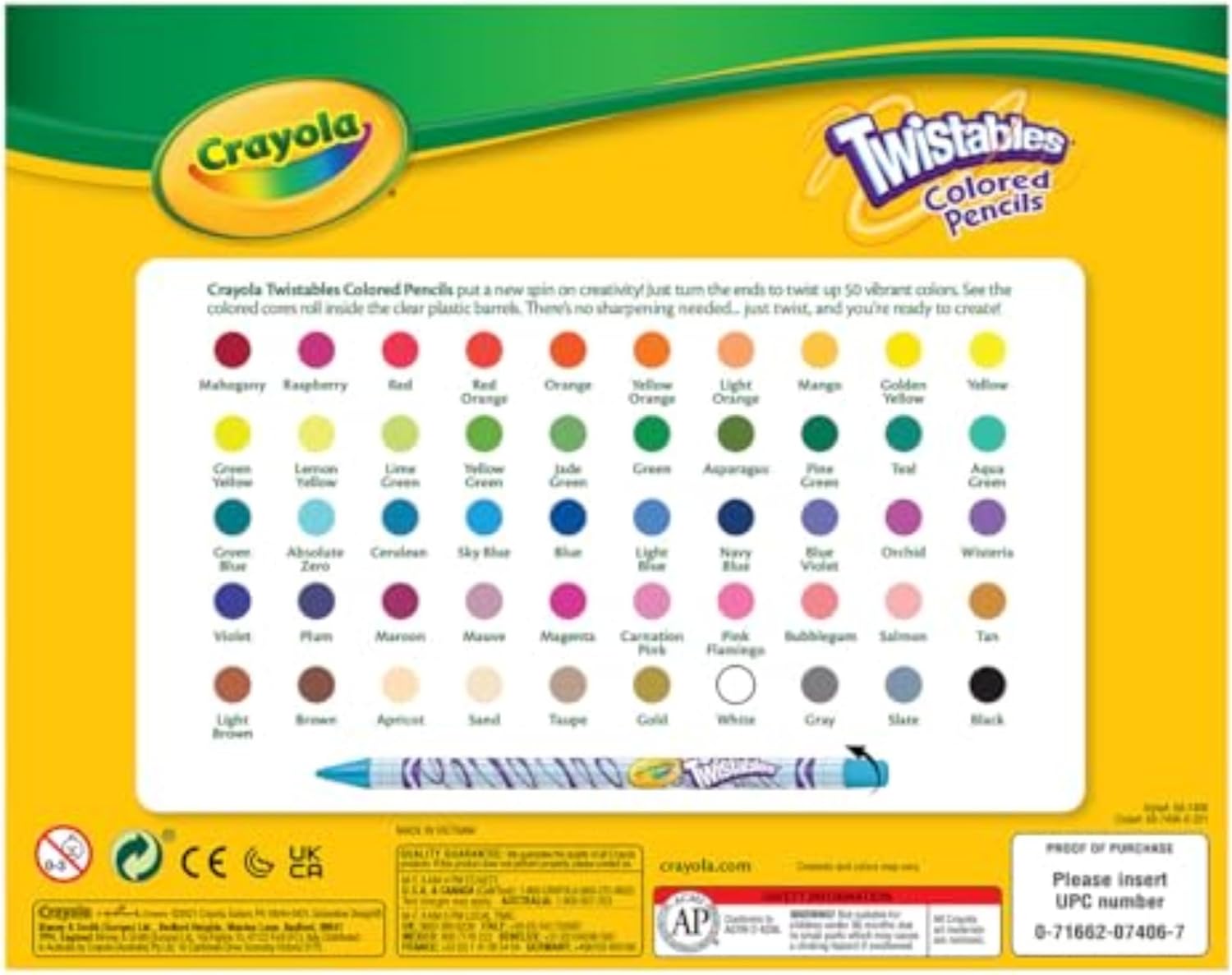 Showcases the wide variety of colors available in the Crayola Twistables Colored Pencils set, helping customers understand the product's color options.