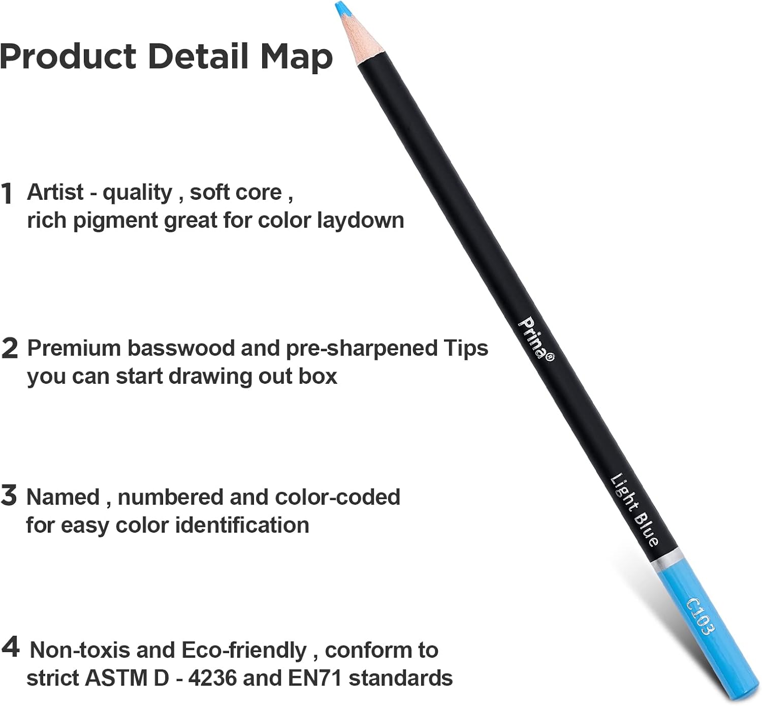 Highlights the key features and components of the colored pencil to demonstrate its quality and ease of use.