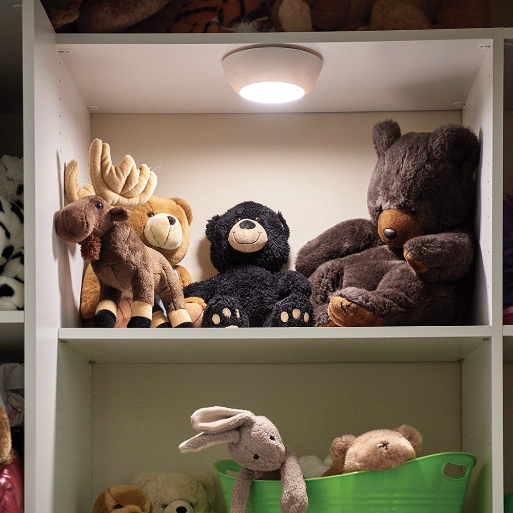 Showcases how the product provides well-lit storage space for stuffed animals, enhancing organization and visibility in a child's room.