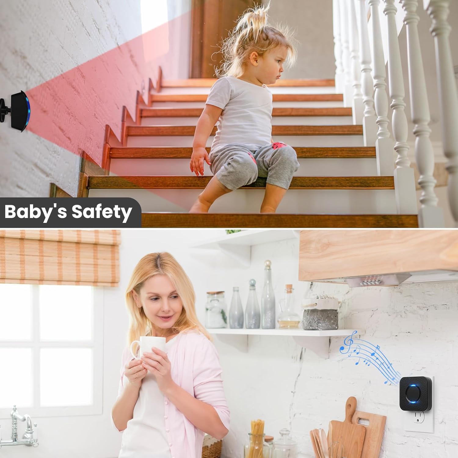 Demonstrates how the product helps monitor and ensure baby's safety in different areas of the home. Shows multiple use cases for the baby monitor in different…