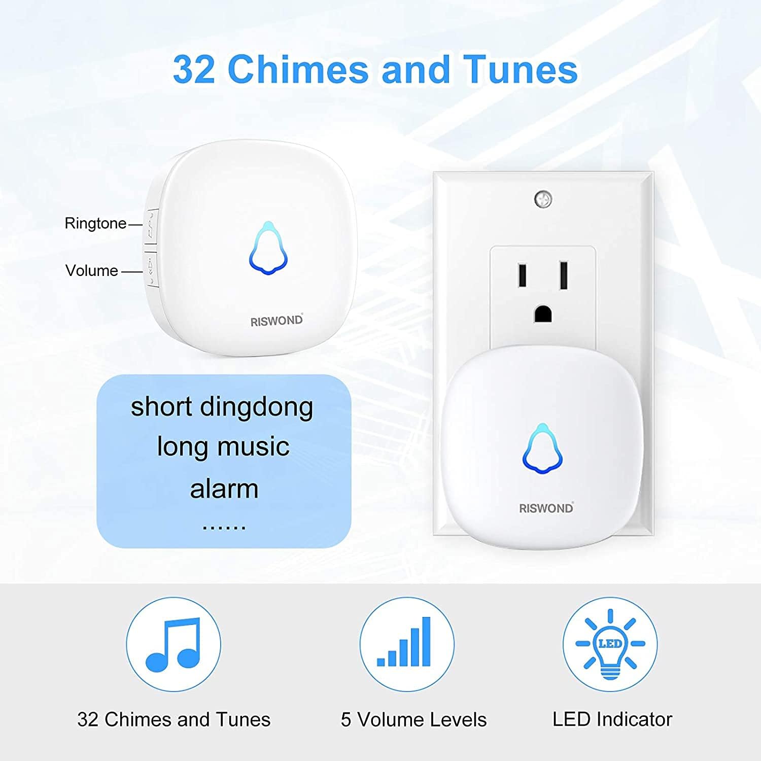 Highlights the product's versatility with 32 chimes/tunes, adjustable volume, and visual LED indicator to appeal to different user preferences.