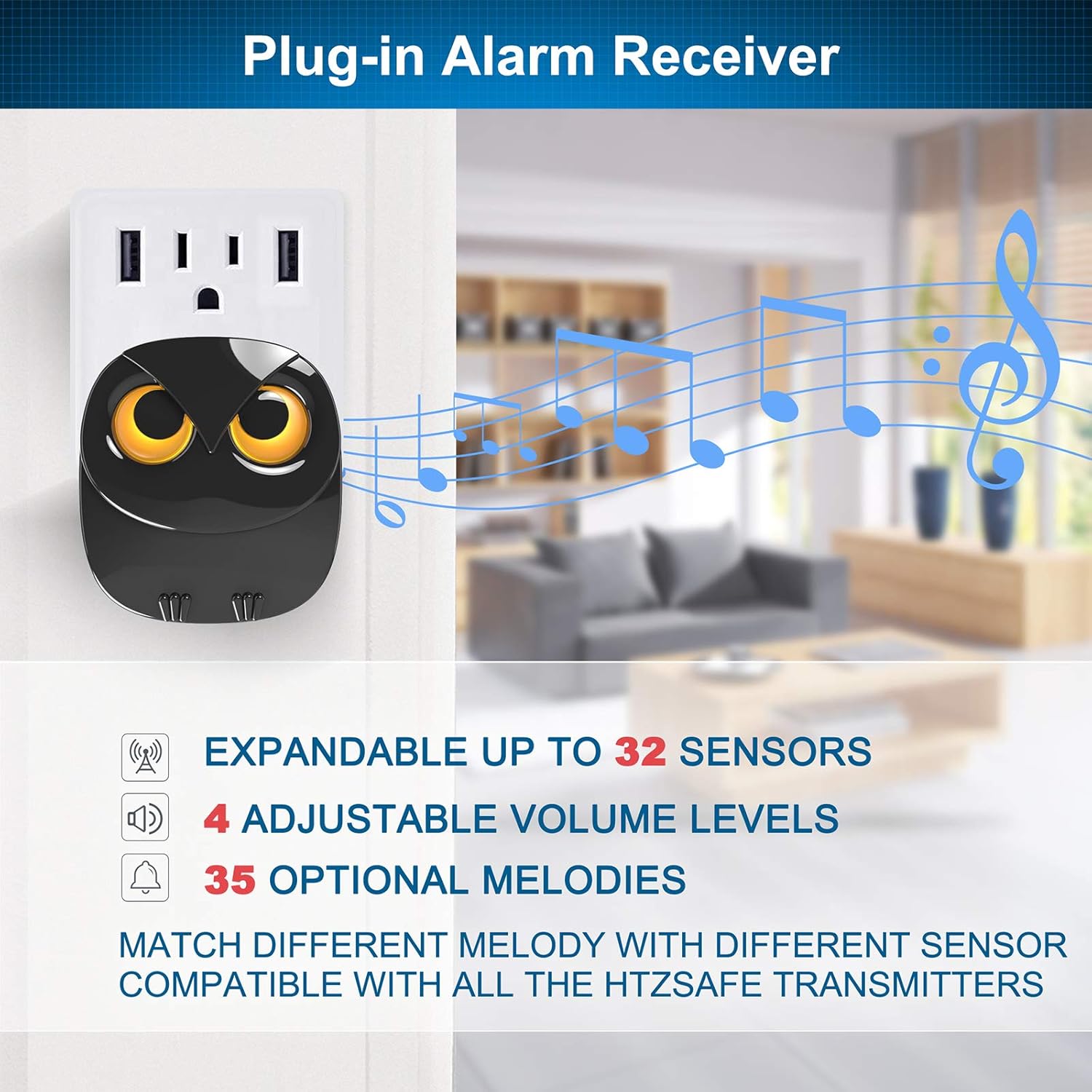 Highlights the key features of the alarm receiver, emphasizing its expandability, volume control, and melody options to show its versatility and customization…