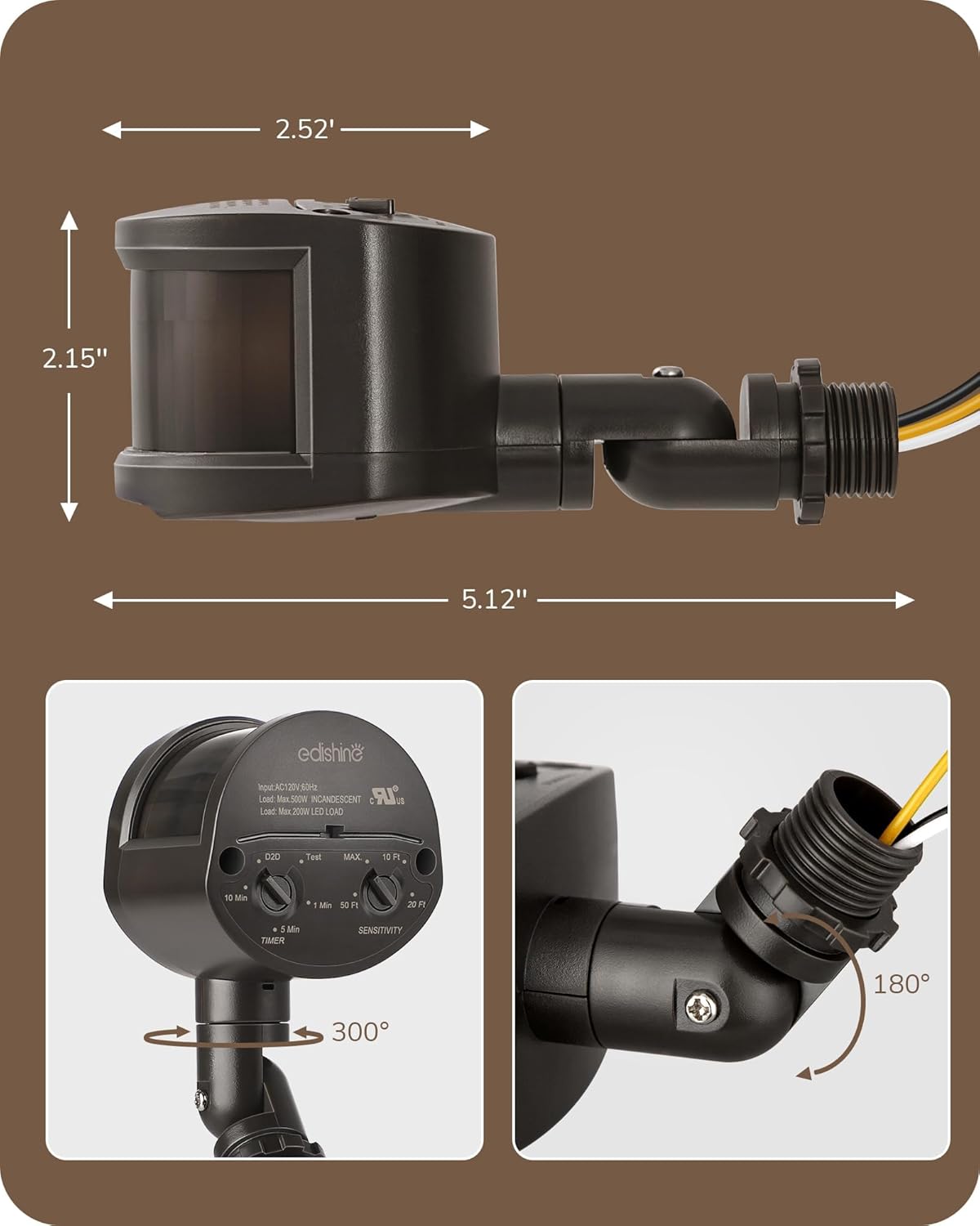 Provides exact measurements of the product to help customers understand its size and fit. Highlights the product's adjustable features, showing 300° and 180° rotation capabilities.