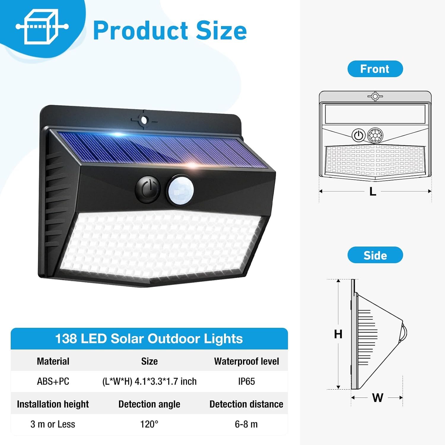 Provides exact dimensions and installation specifications of the solar outdoor light to help customers understand its size and placement requirements.
