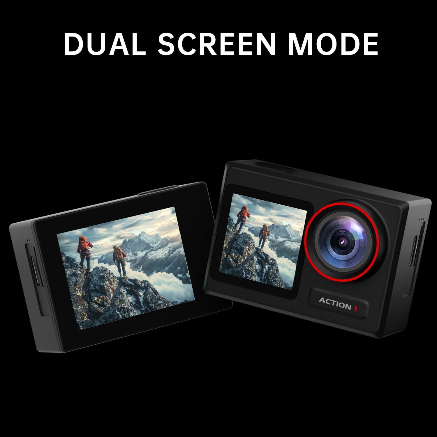 Highlights the camera's dual screen capability, allowing users to see the image on both front and back screens simultaneously.