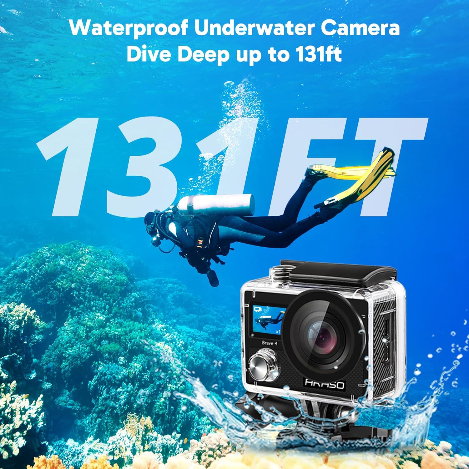 Highlights the camera's ability to function underwater at depths up to 131 feet, appealing to diving enthusiasts and underwater photographers.