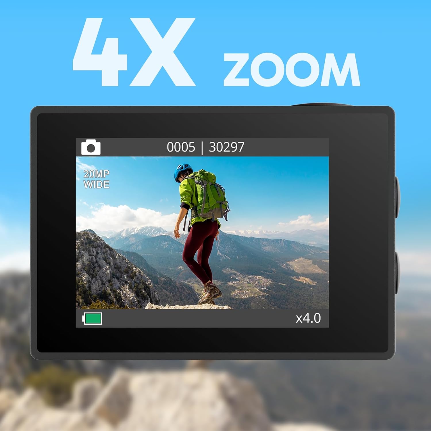 Highlights the camera's 4X zoom capability, demonstrating its ability to capture detailed shots from a distance.
