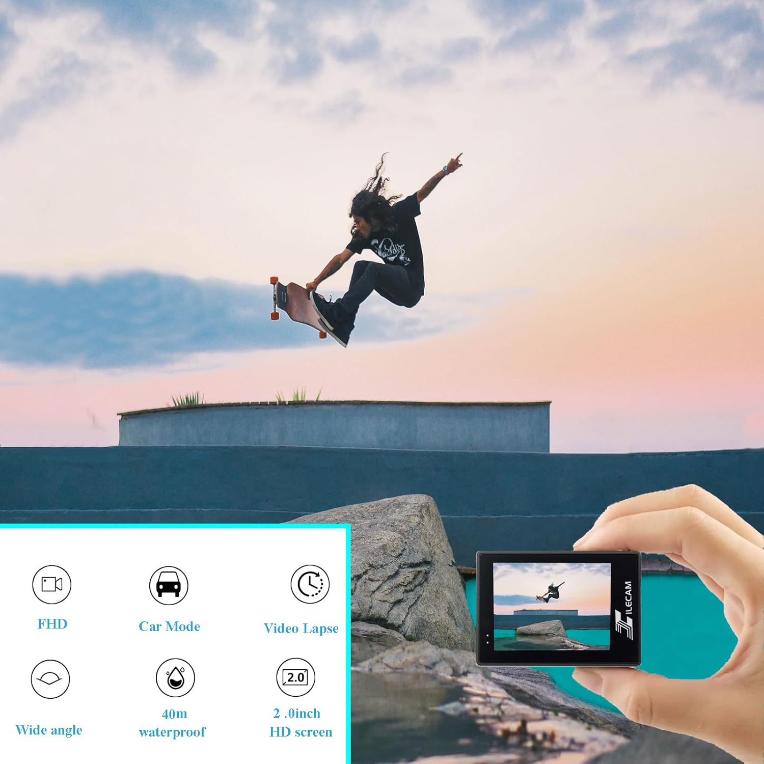 Highlights multiple key features of the action camera to showcase its versatility and capabilities for various shooting scenarios. Demonstrates the camera's…