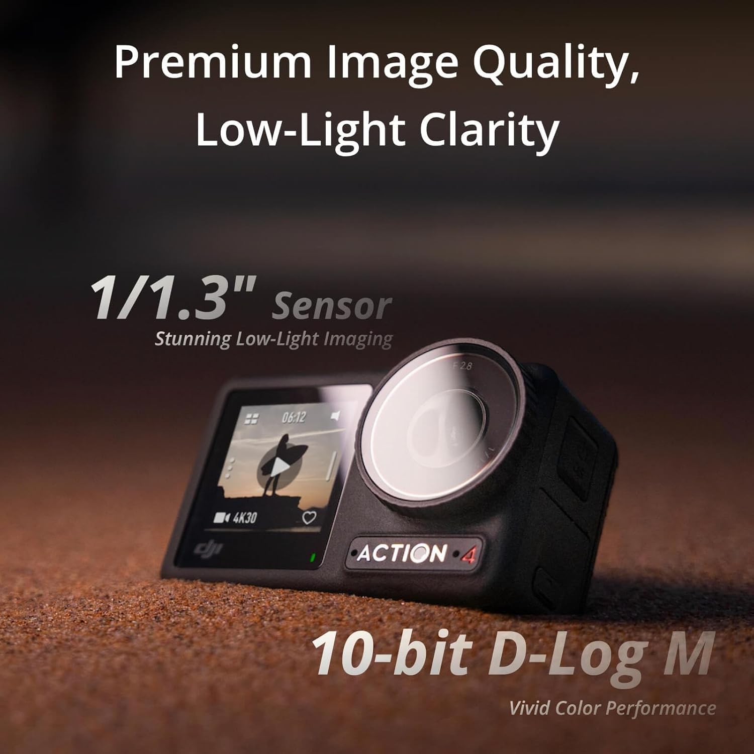 Highlights the camera's premium image quality features, emphasizing its ability to capture clear images in low-light conditions and produce vivid colors.
