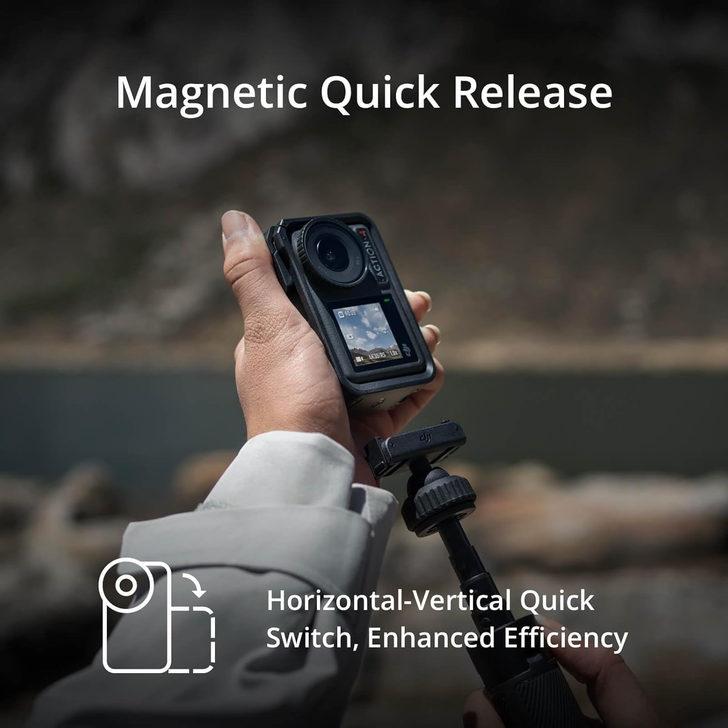 Highlights the camera's magnetic quick release feature for easy switching between horizontal and vertical orientations, enhancing efficiency for the user.