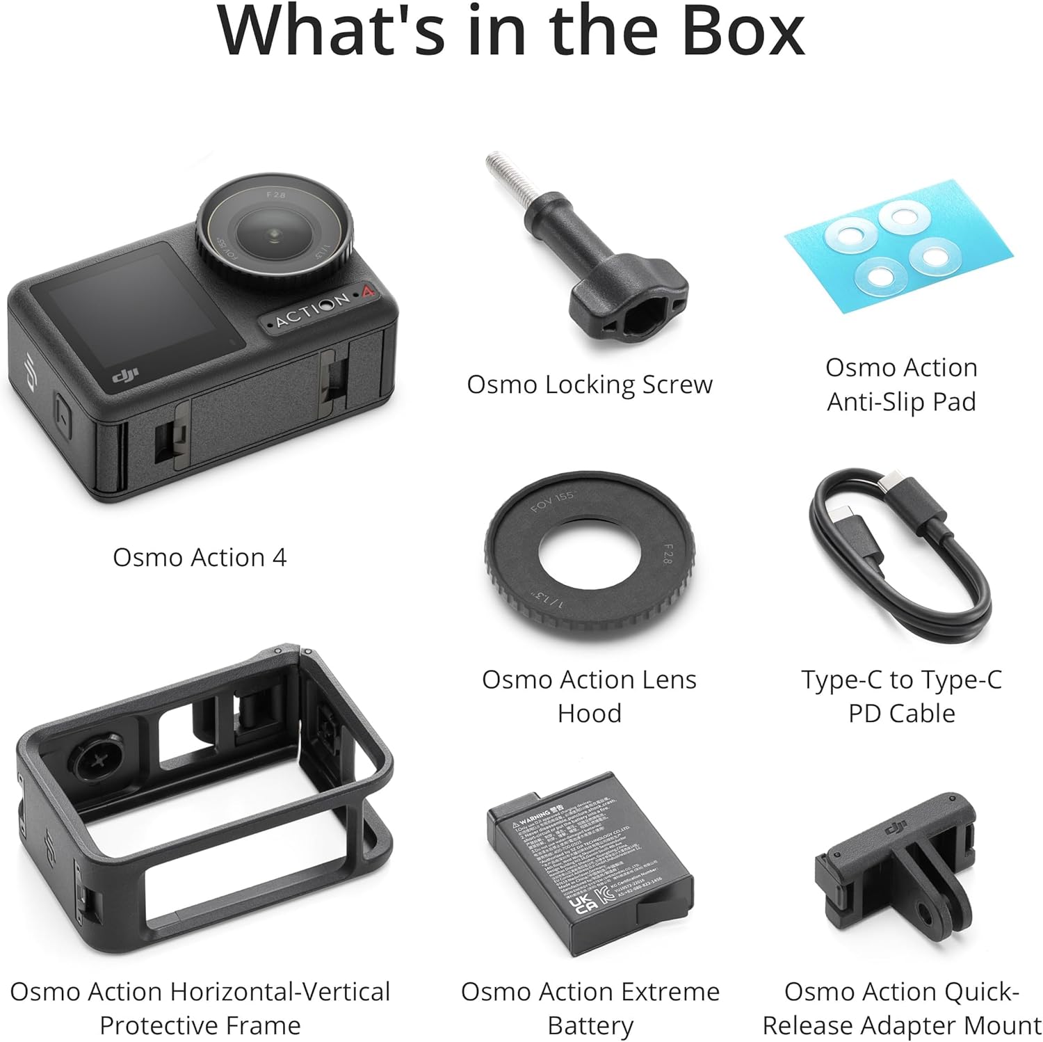 Shows all the items included with the Osmo Action 4 camera, helping customers understand exactly what they'll receive in the package.
