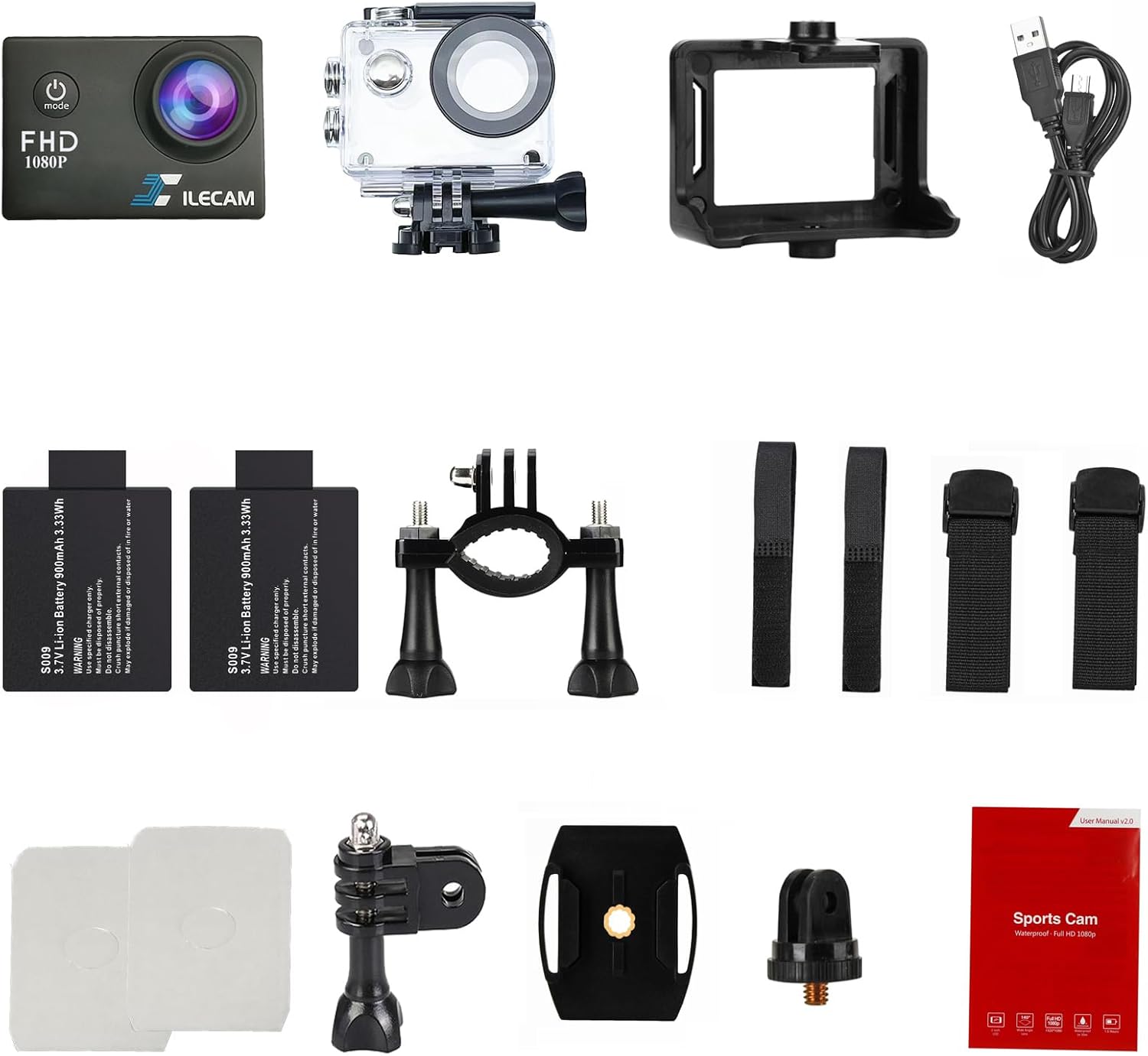 Shows all the items included in the action camera package, helping customers understand the full value of their purchase.