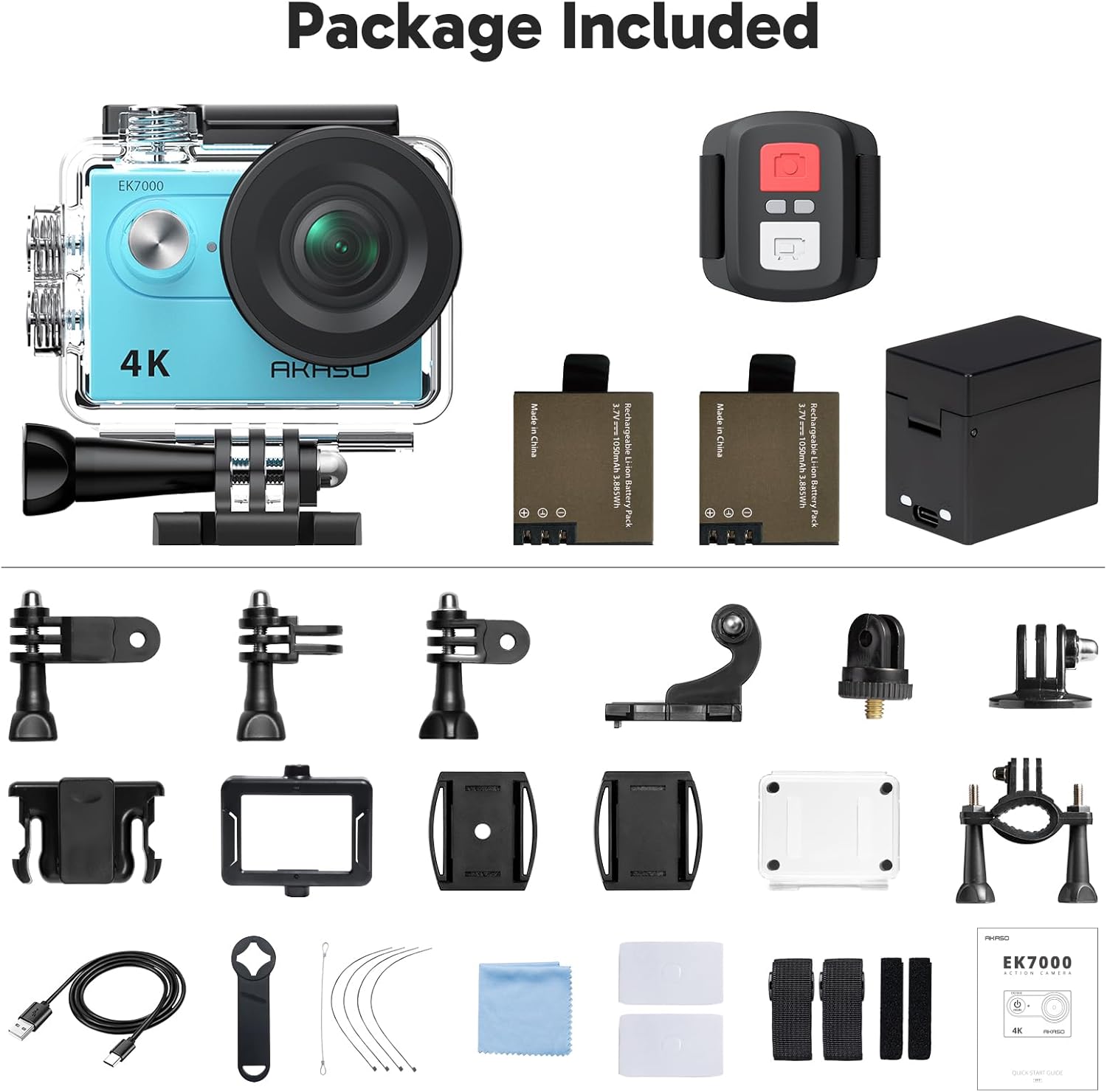 Shows all the items included in the package to demonstrate value and completeness of the action camera kit.