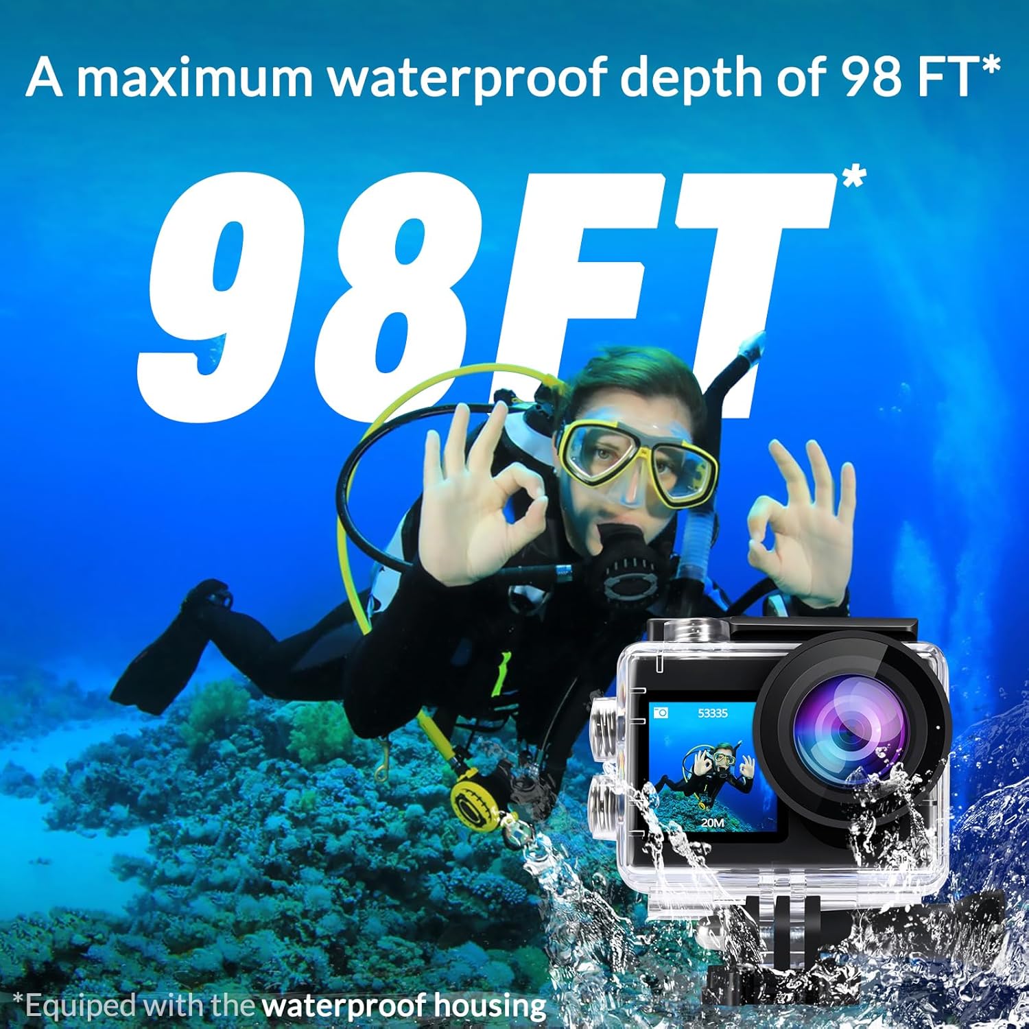 Highlights the product's exceptional waterproof capability, emphasizing its suitability for deep underwater use.