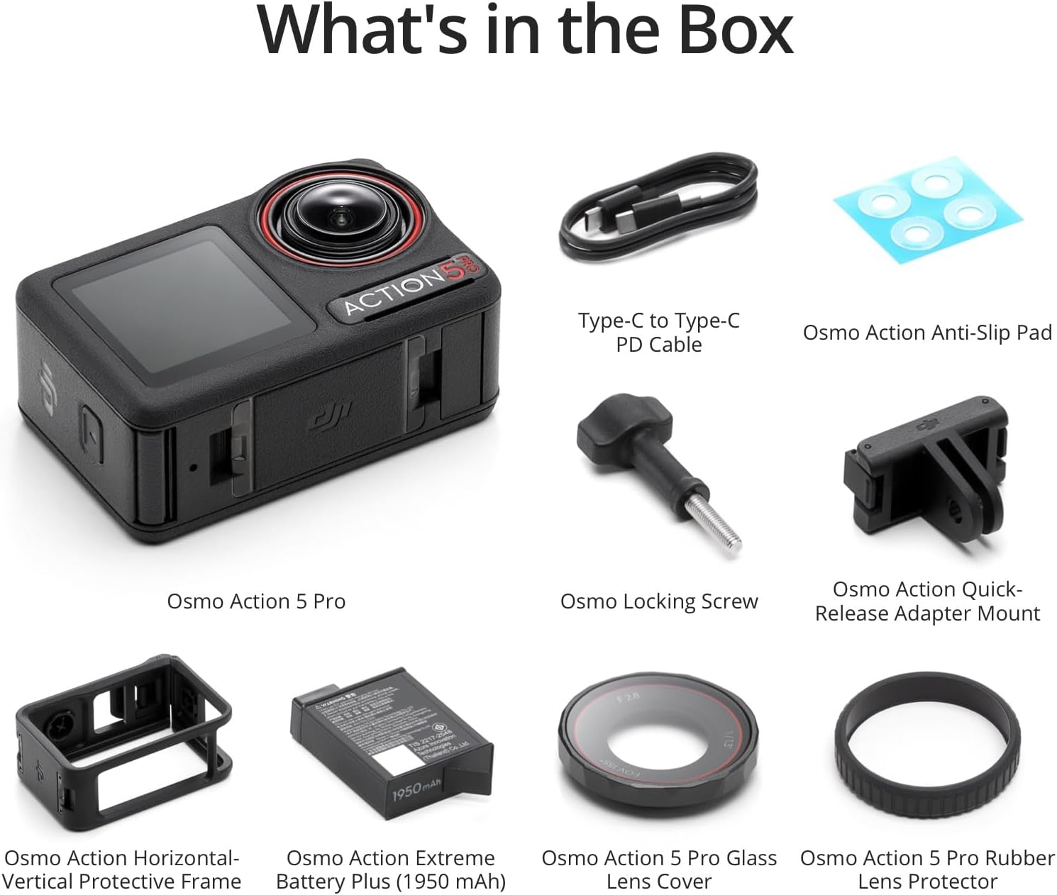 Shows all the items included with the Osmo Action 5 Pro camera, helping customers understand the complete package they'll receive.
