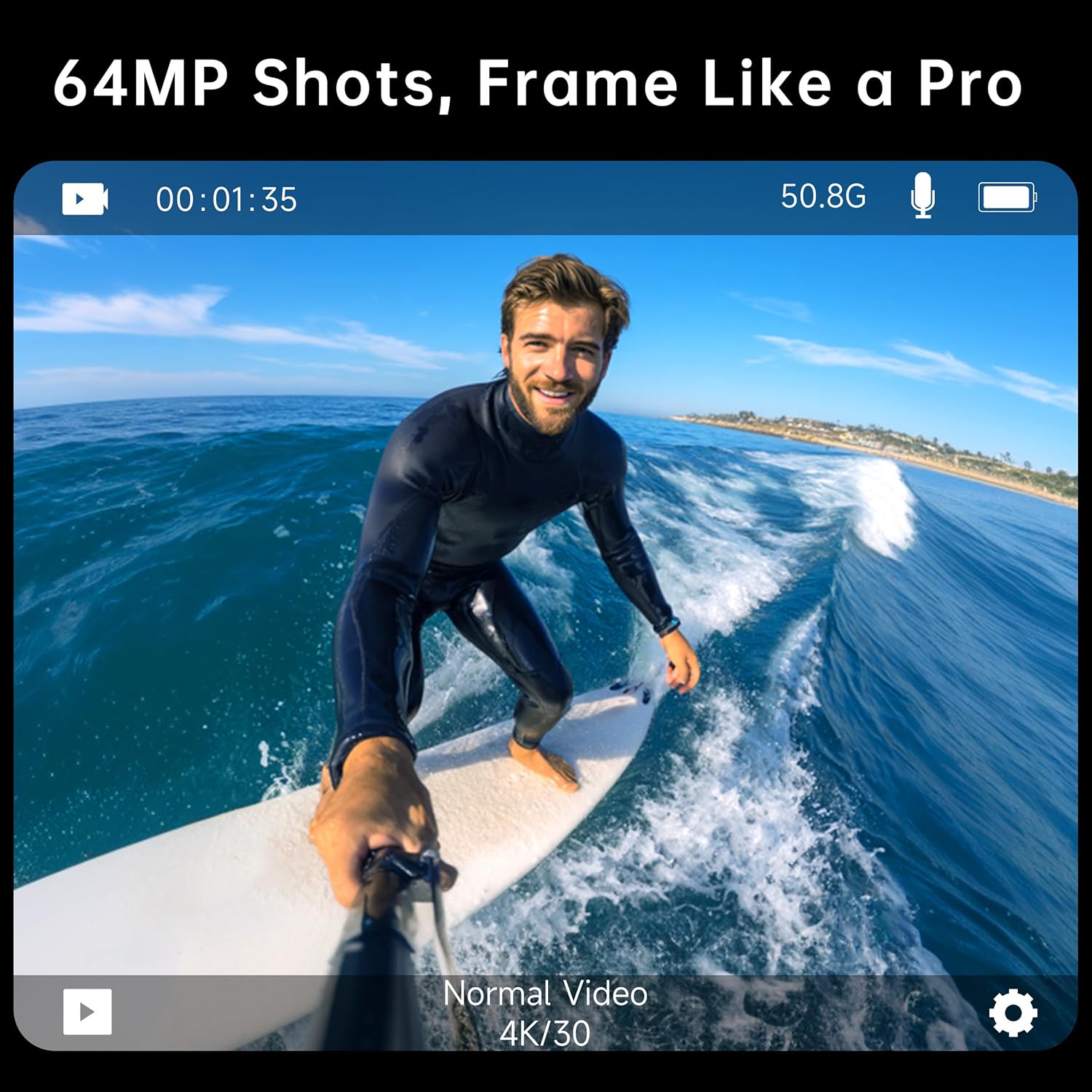 Showcases the product's ability to capture high-quality 64MP images and 4K video, emphasizing professional-grade results.